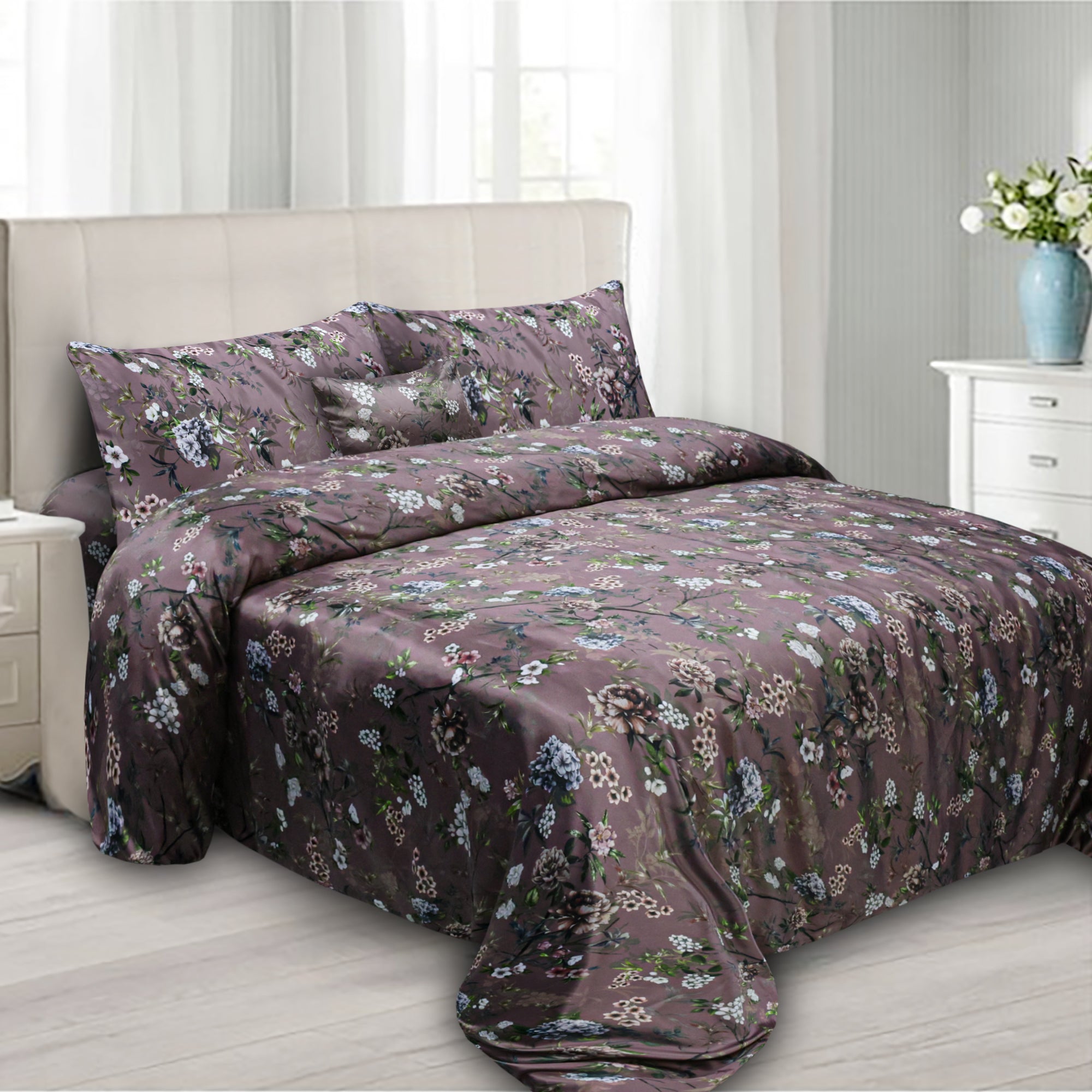 Medora Plum Sateen Silk Digital Printed Flat Sheet Set