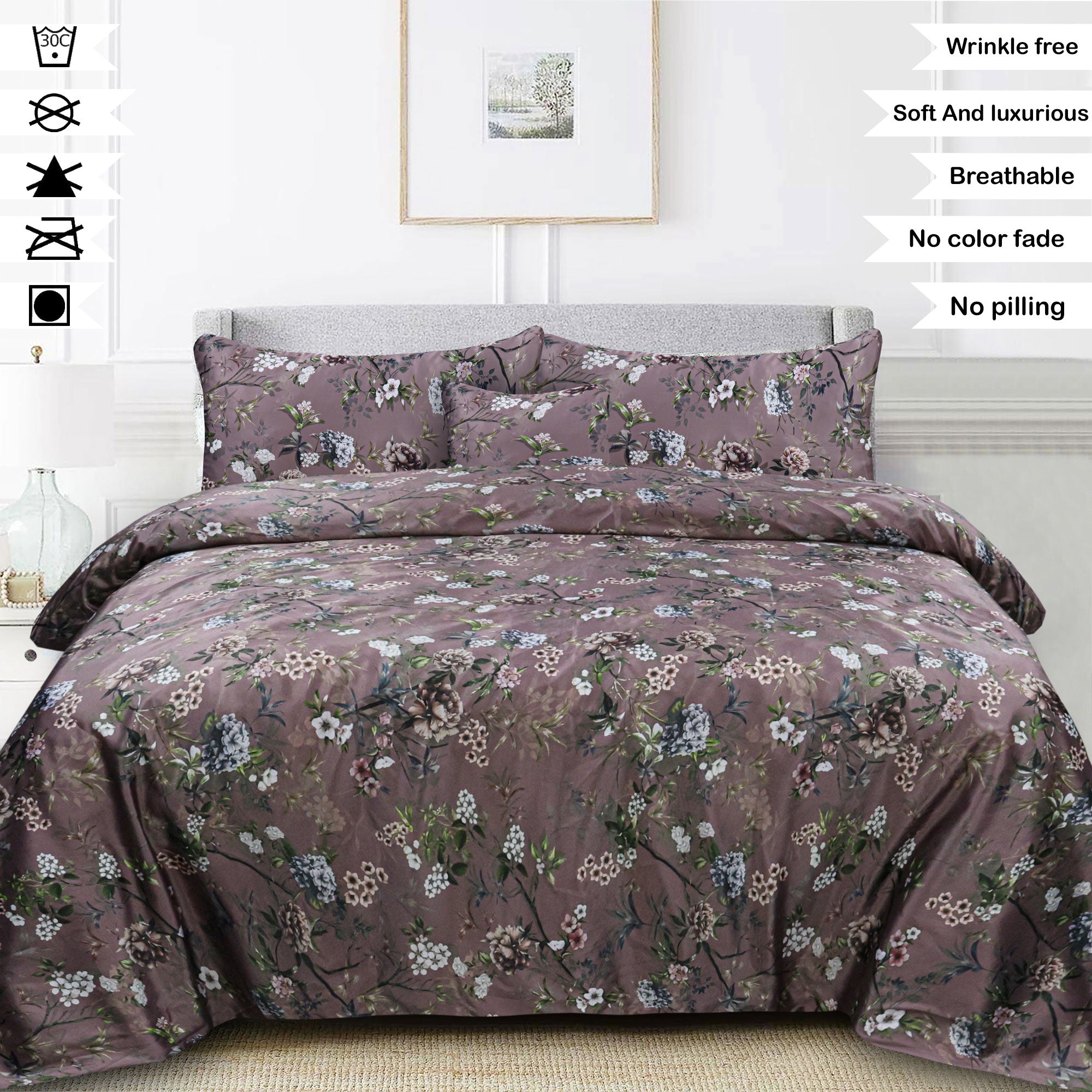 Medora Plum Sateen Silk Digital Printed Flat Sheet Set
