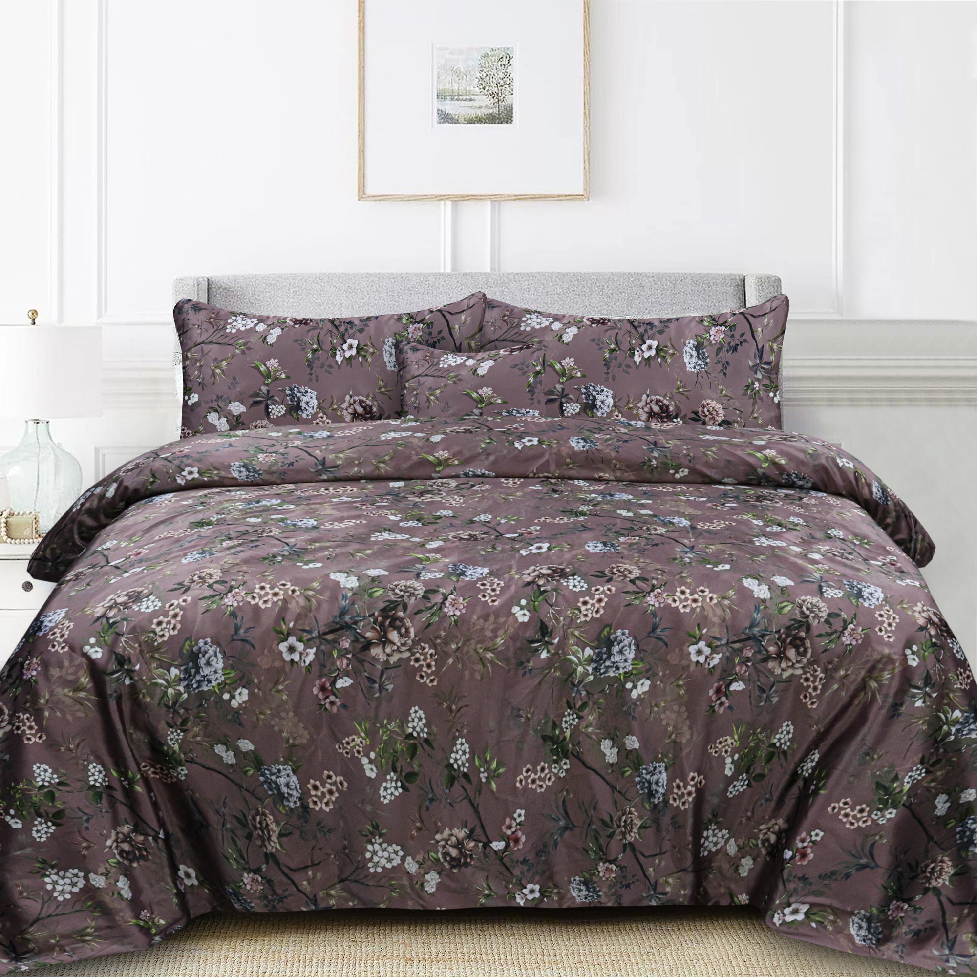 Medora Plum Sateen Silk Digital Printed 5Pcs Complete Bedding Set