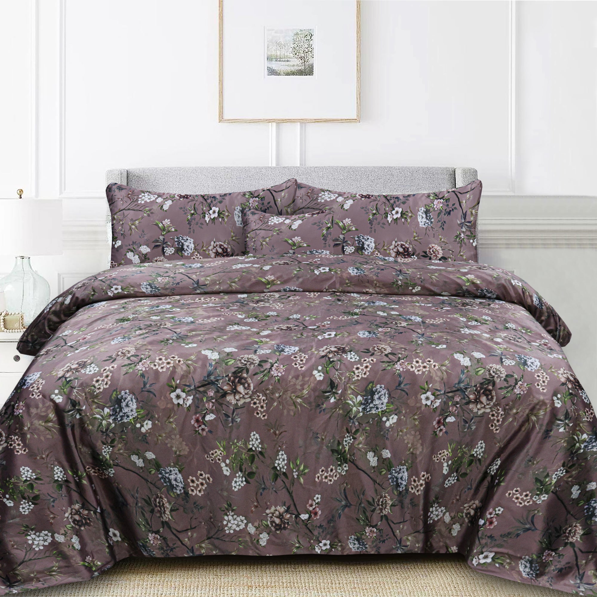 Medora Plum Sateen Silk Digital Printed Duvet Cover Set