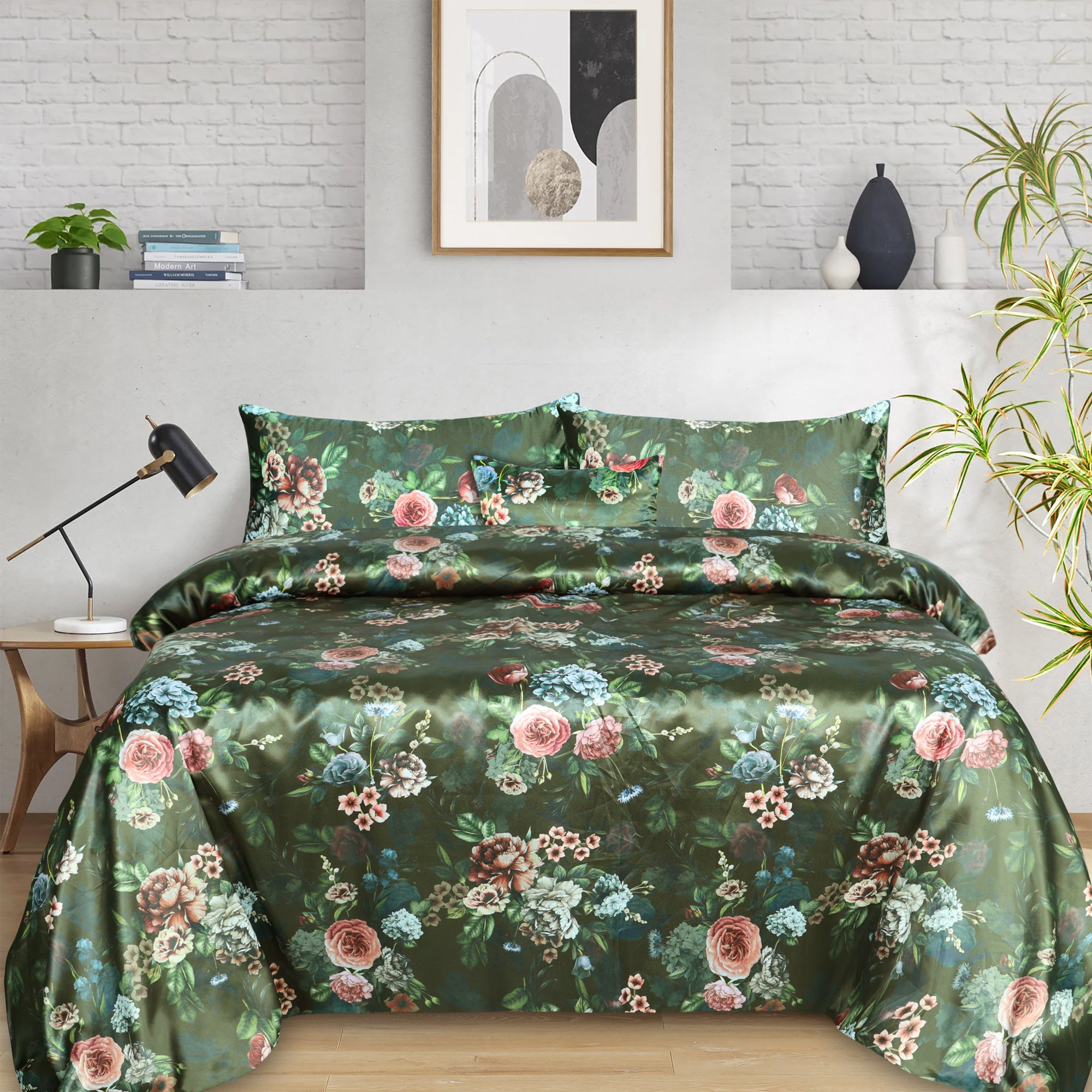 Green Leaf Sateen Silk Digital Printed 5Pcs Complete Bedding Set