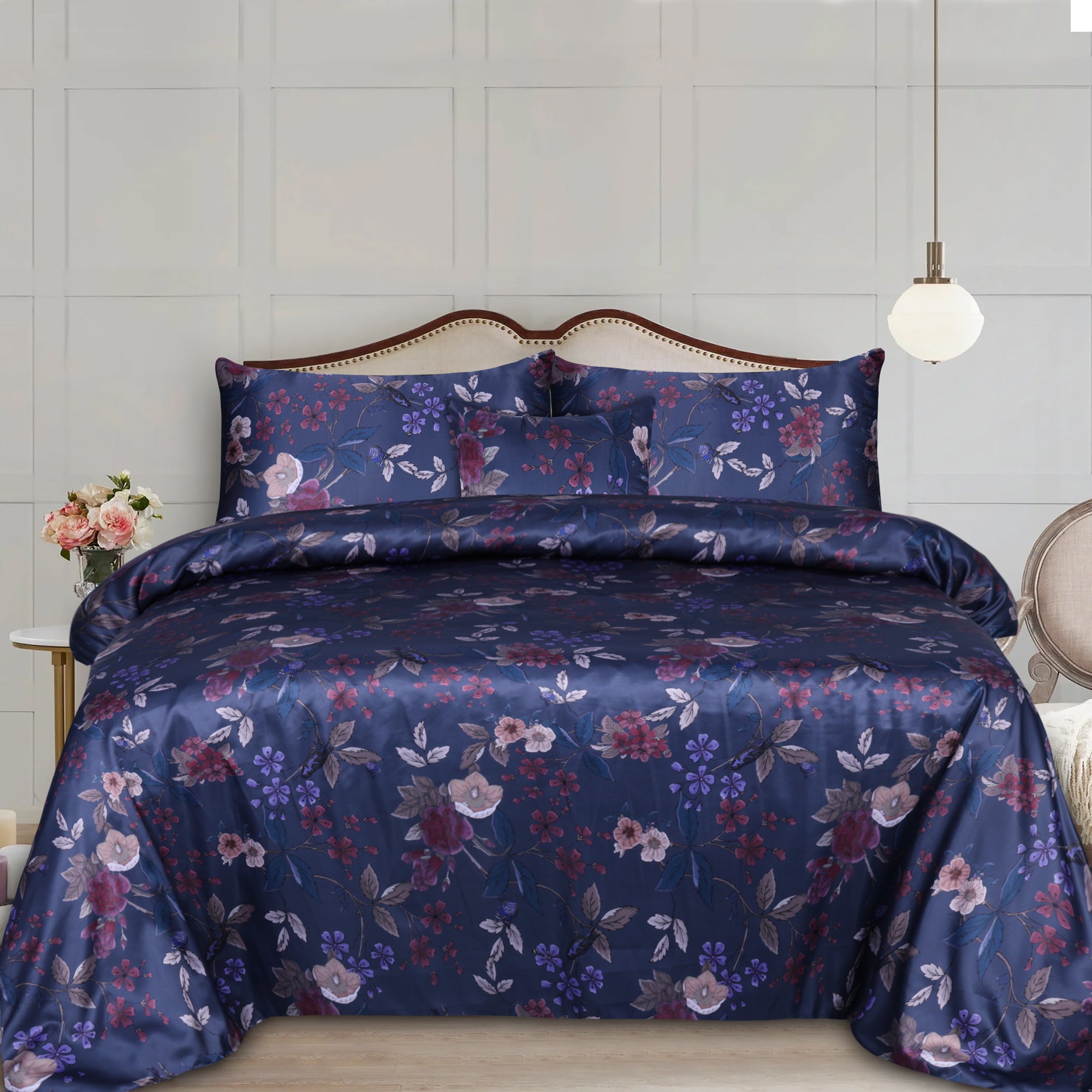 Blue Floral  Sateen Silk Digital Printed 5Pcs Complete Bedding Set