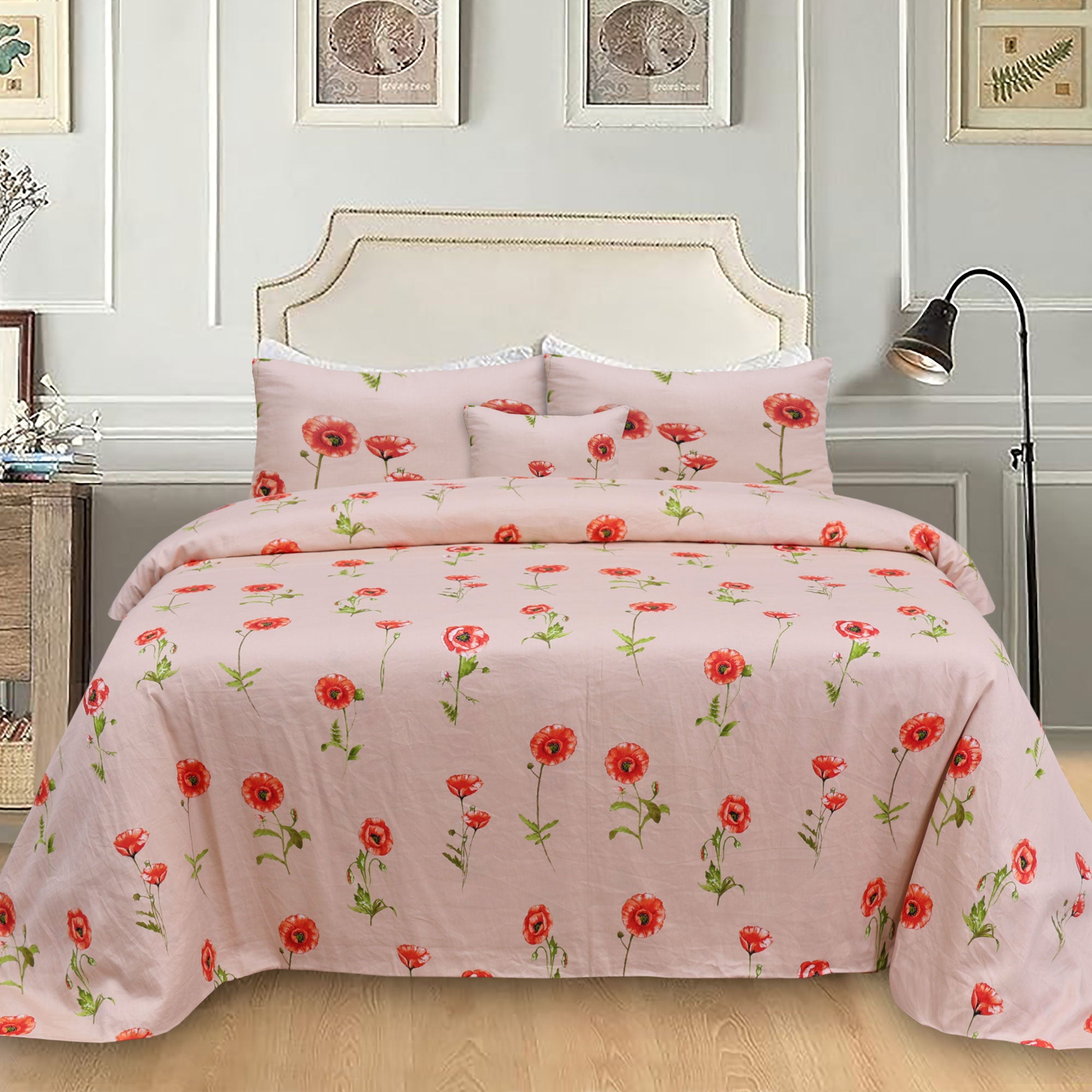 Red Poppy Cotton Sateen 5Pcs Complete Bedding Set