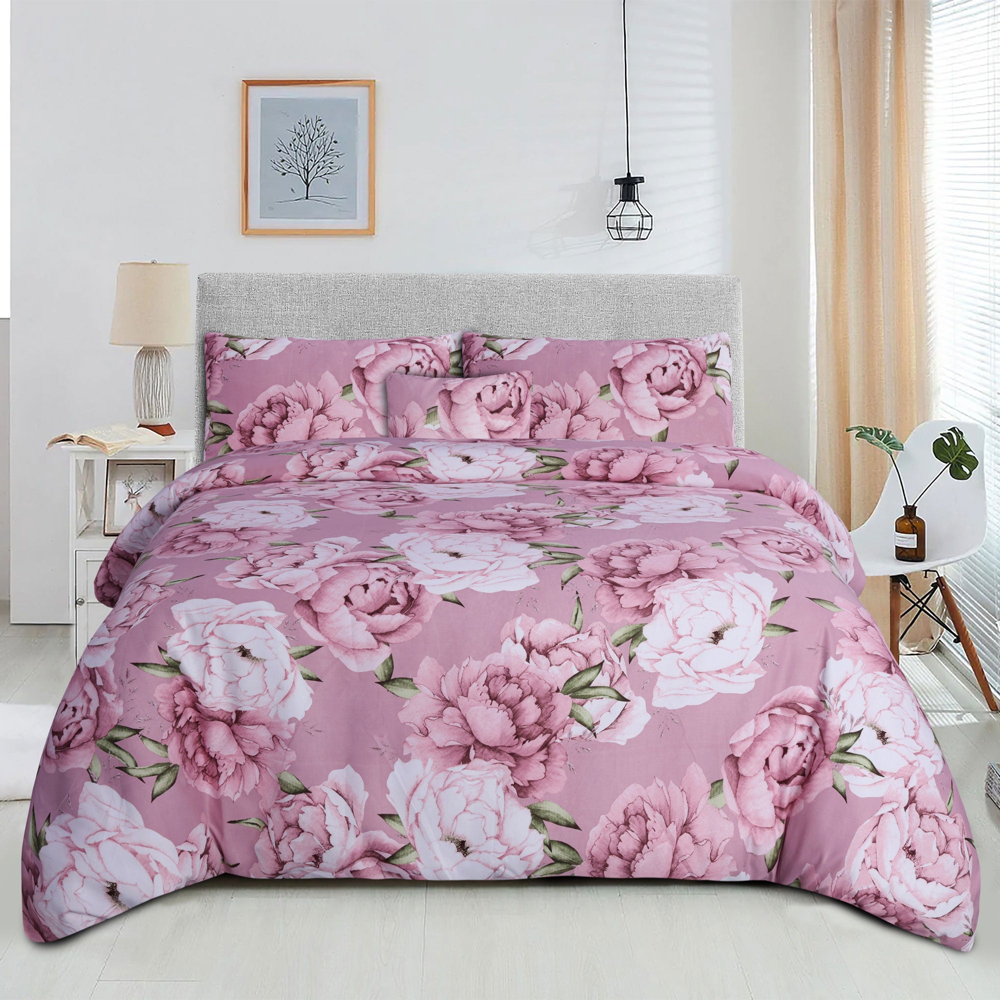 Pink Flower Microfiber 5Pcs Complete Bedding Set