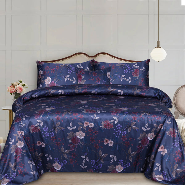 Blue Floral Sateen Silk Digital Printed Flat Sheet Set