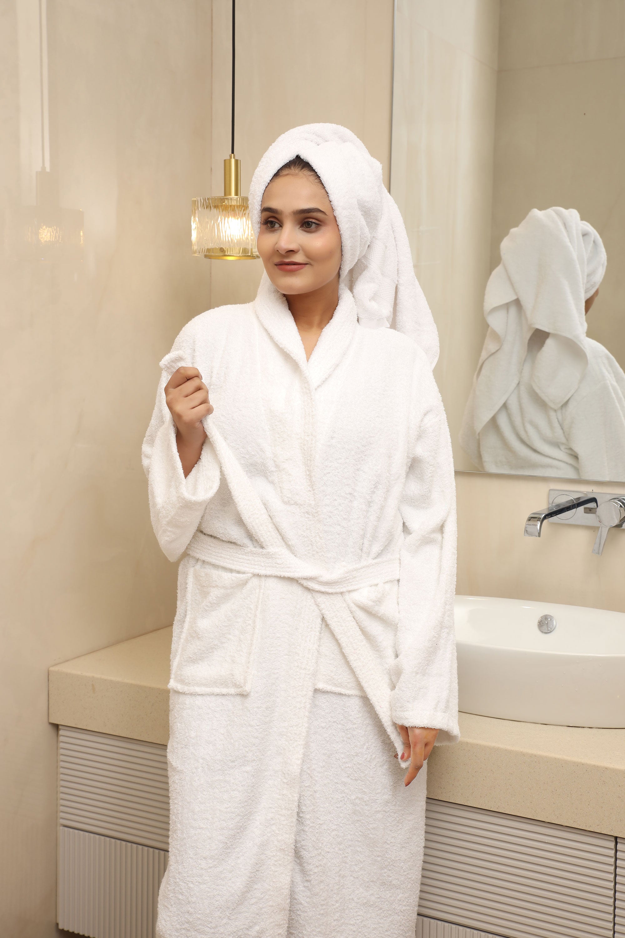 100 % Combed cotton White color  400 GSM Terry Bath Robe.