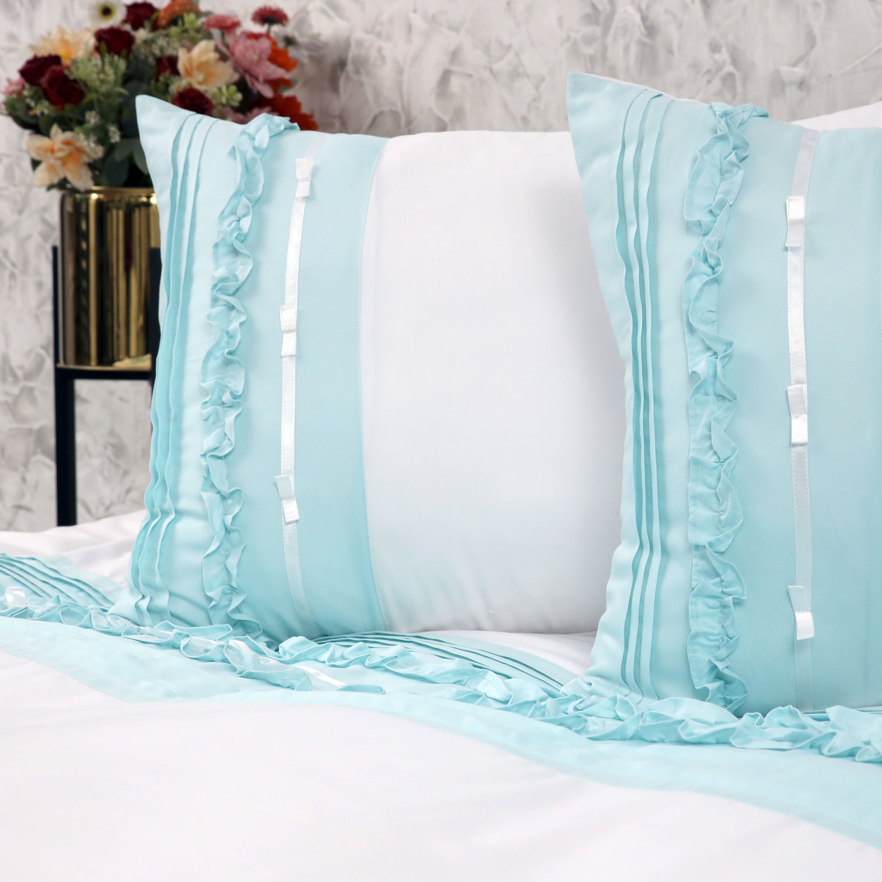 BELLA FRILLED MICROFIBER COMPLETE SET INCLUDE I DUVET COVER, 1 FLAT SHEET, 2 PILLOW CASES