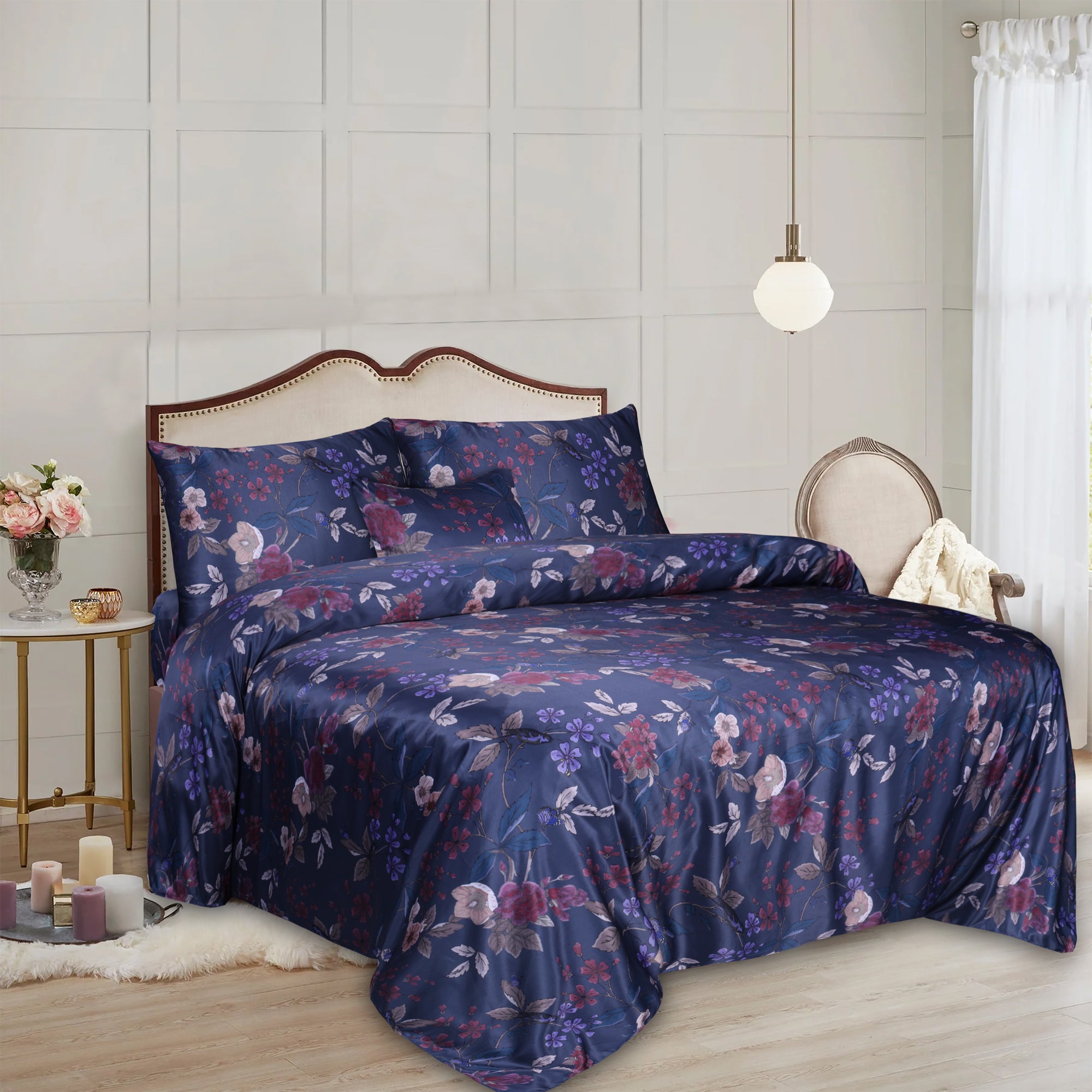 Blue Floral  Sateen Silk Digital Printed 5Pcs Complete Bedding Set