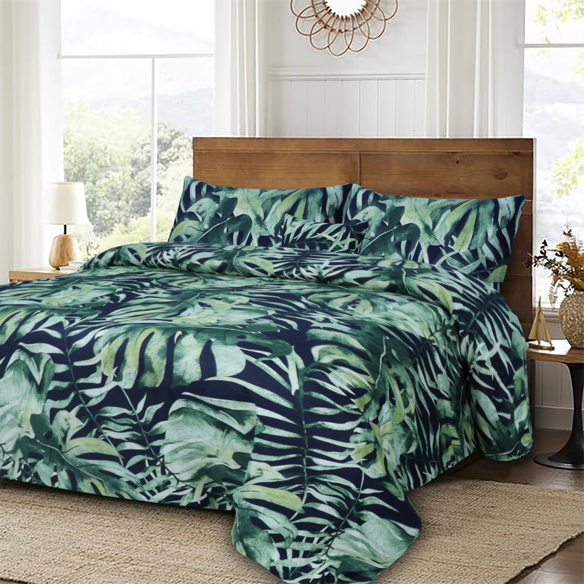 Green Floral  Microfiber 5Pcs Complete Bedding Set