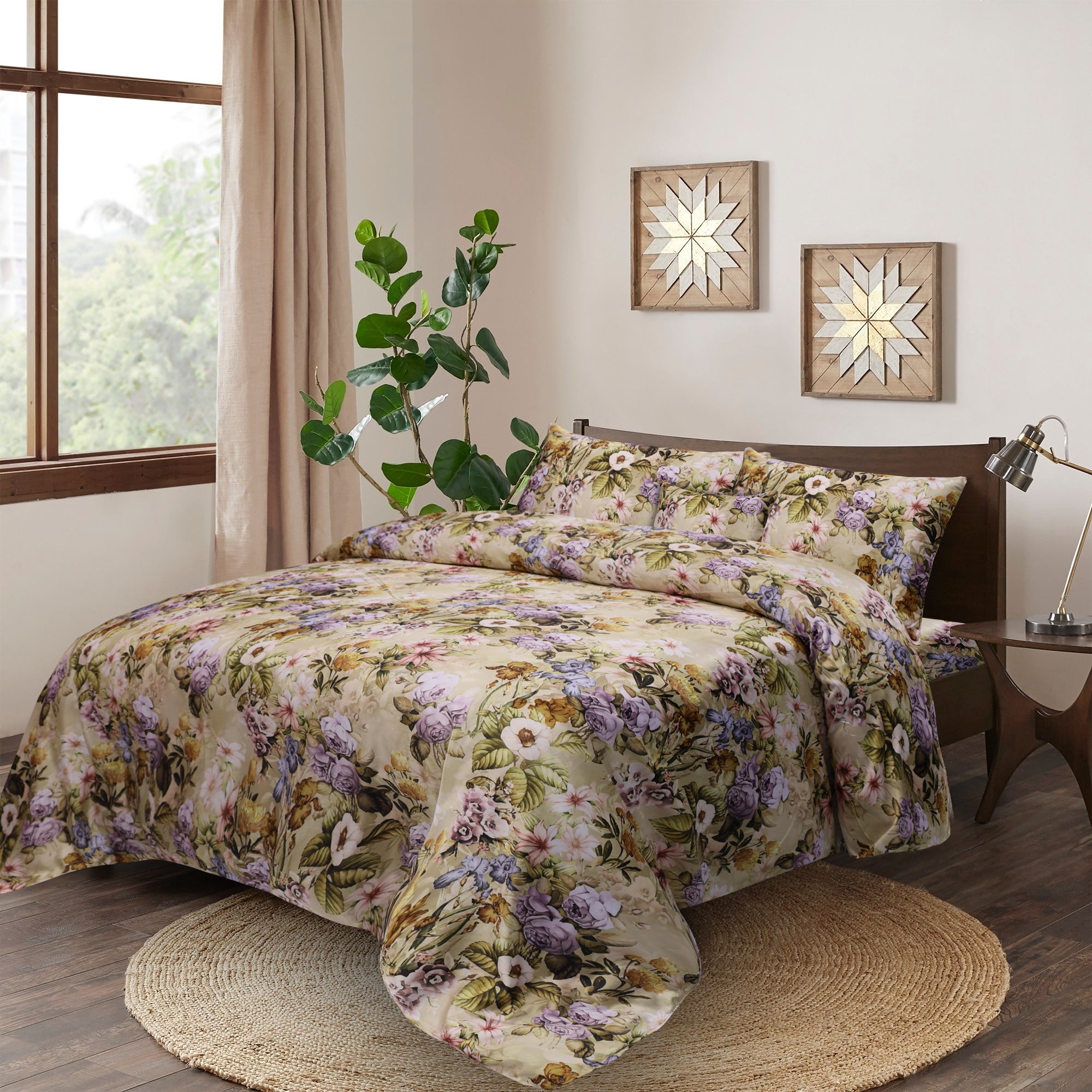 Leaf  Sateen Silk Digital Printed 5Pcs Complete Bedding Set