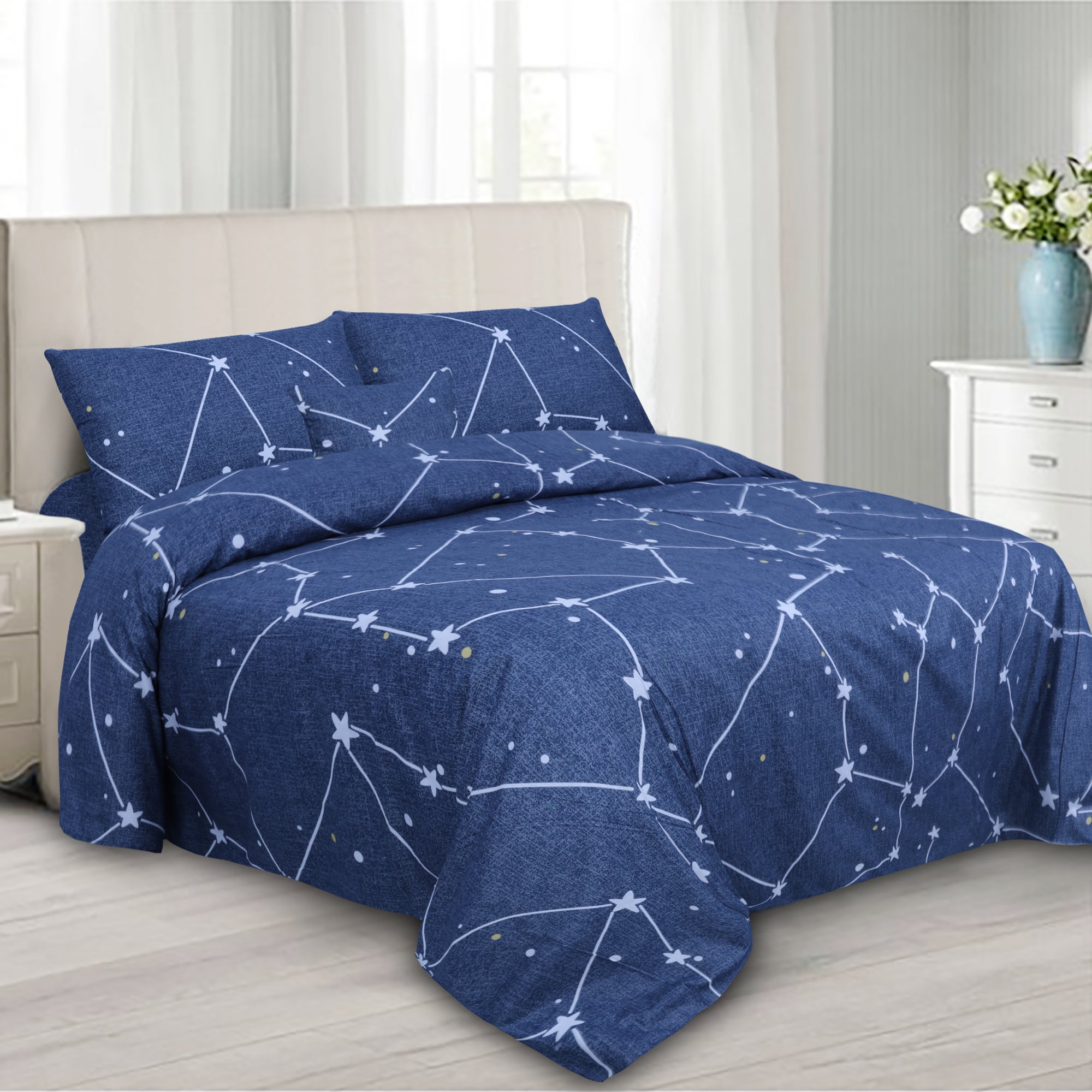 Blue Stars Cotton Printed Duvet Cover Set