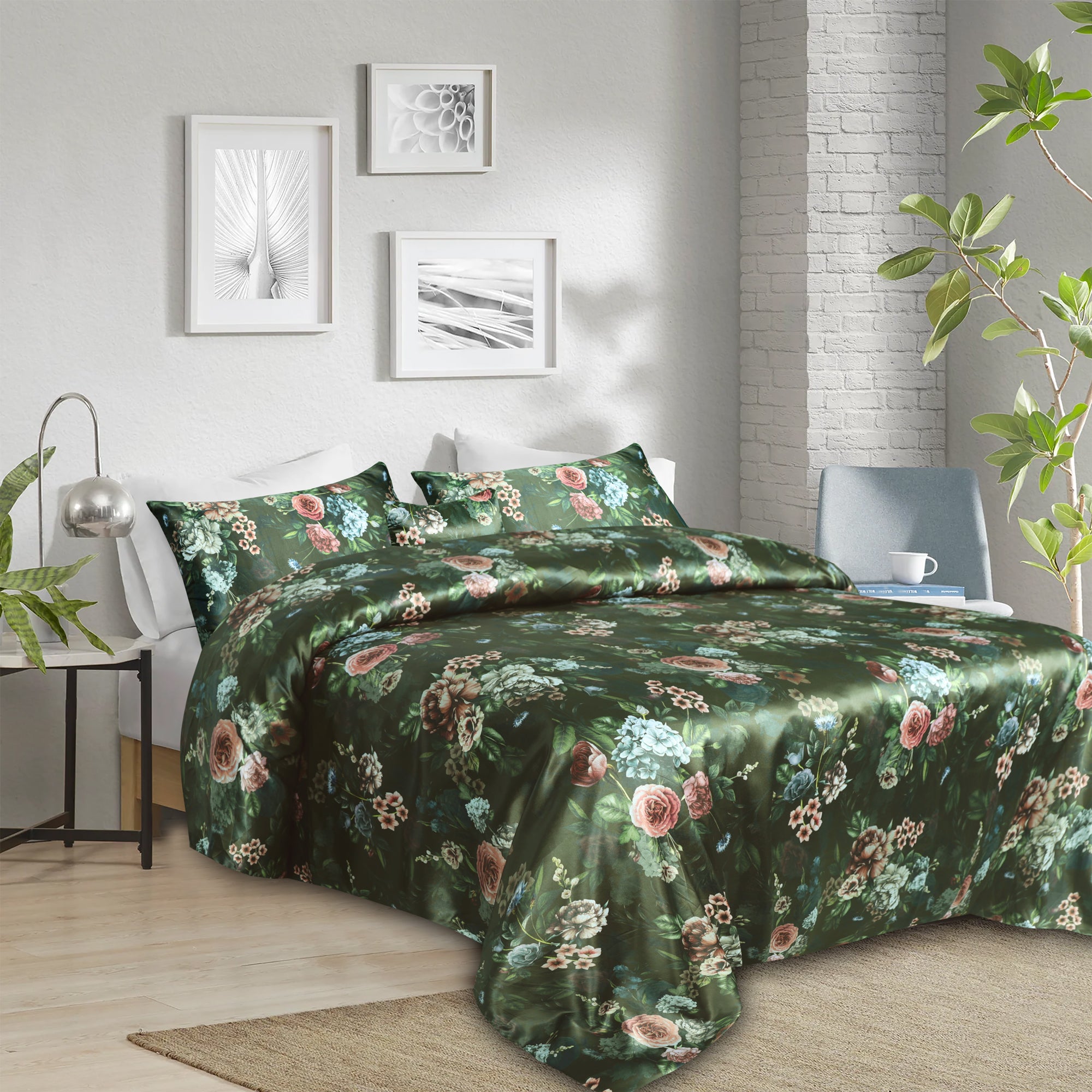 Green Leaf  Sateen Silk Digital Printed Flat Sheet Set