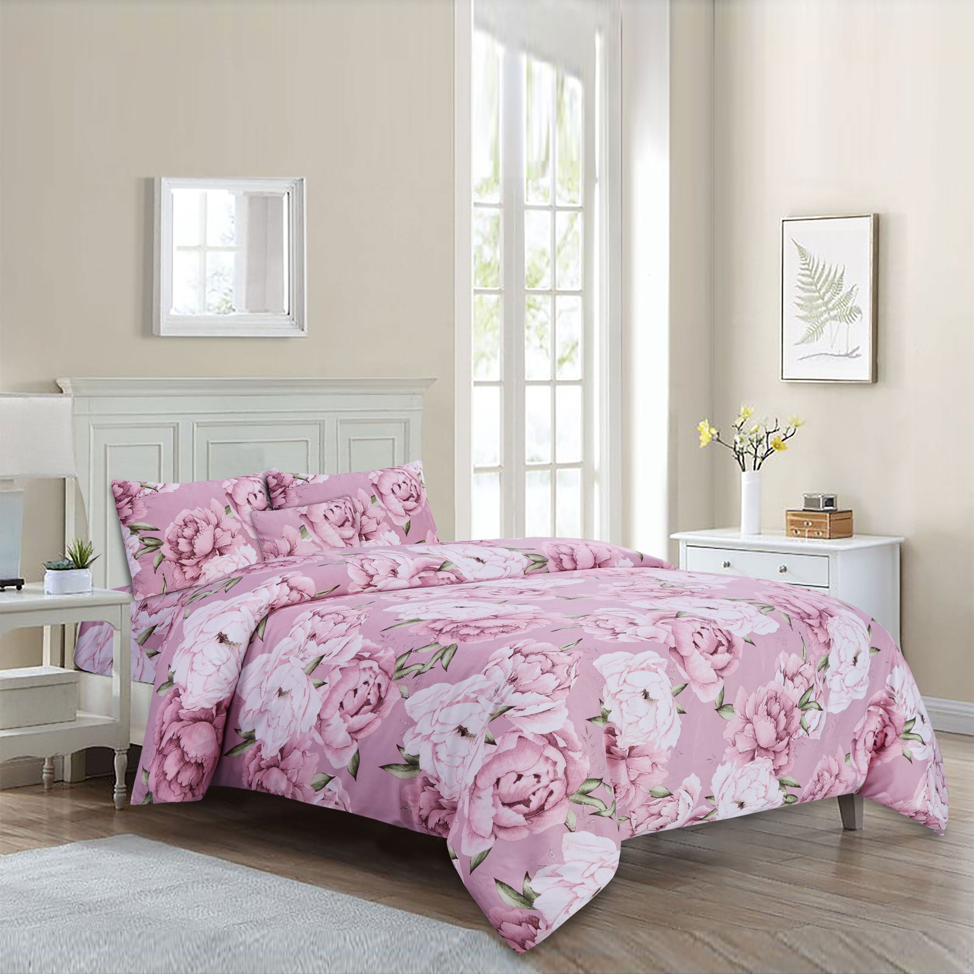 Pink Flower Microfiber 5Pcs Complete Bedding Set