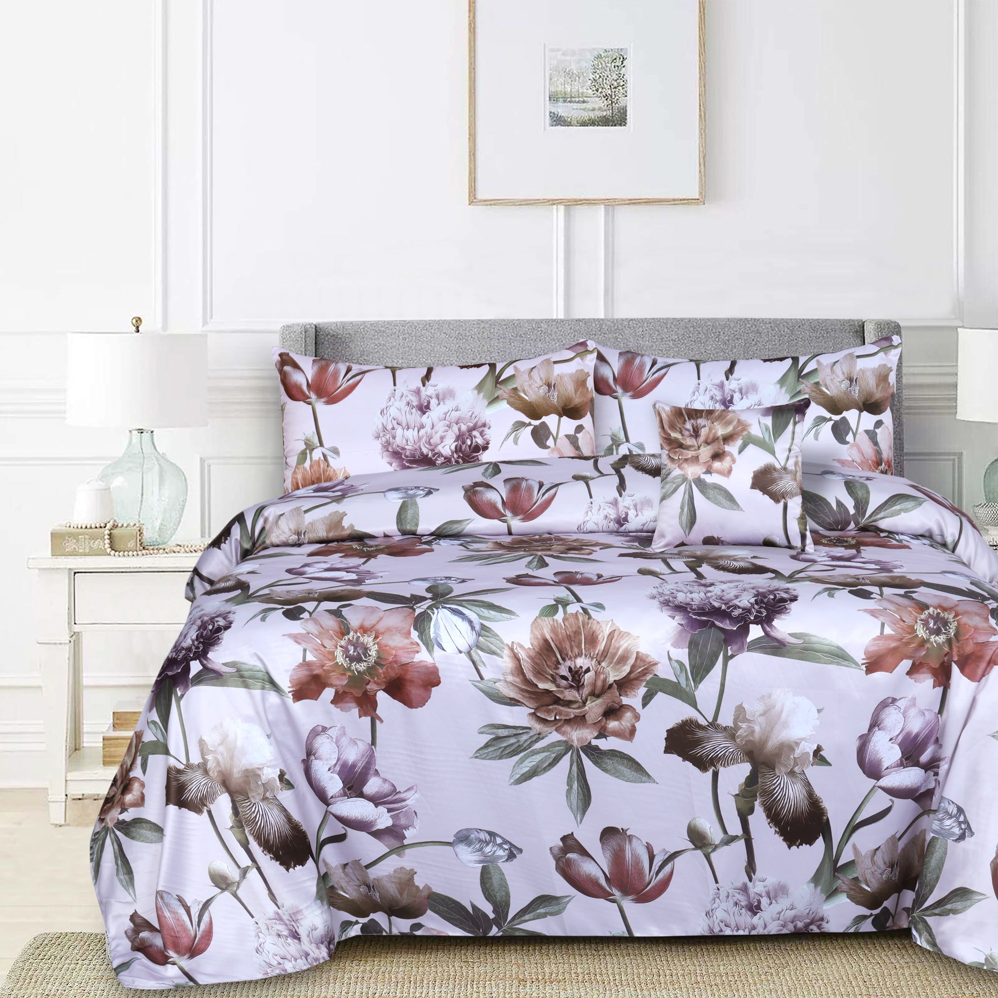 Dracone Floral Sateen Silk Digital Printed 5Pcs Complete Bedding Set