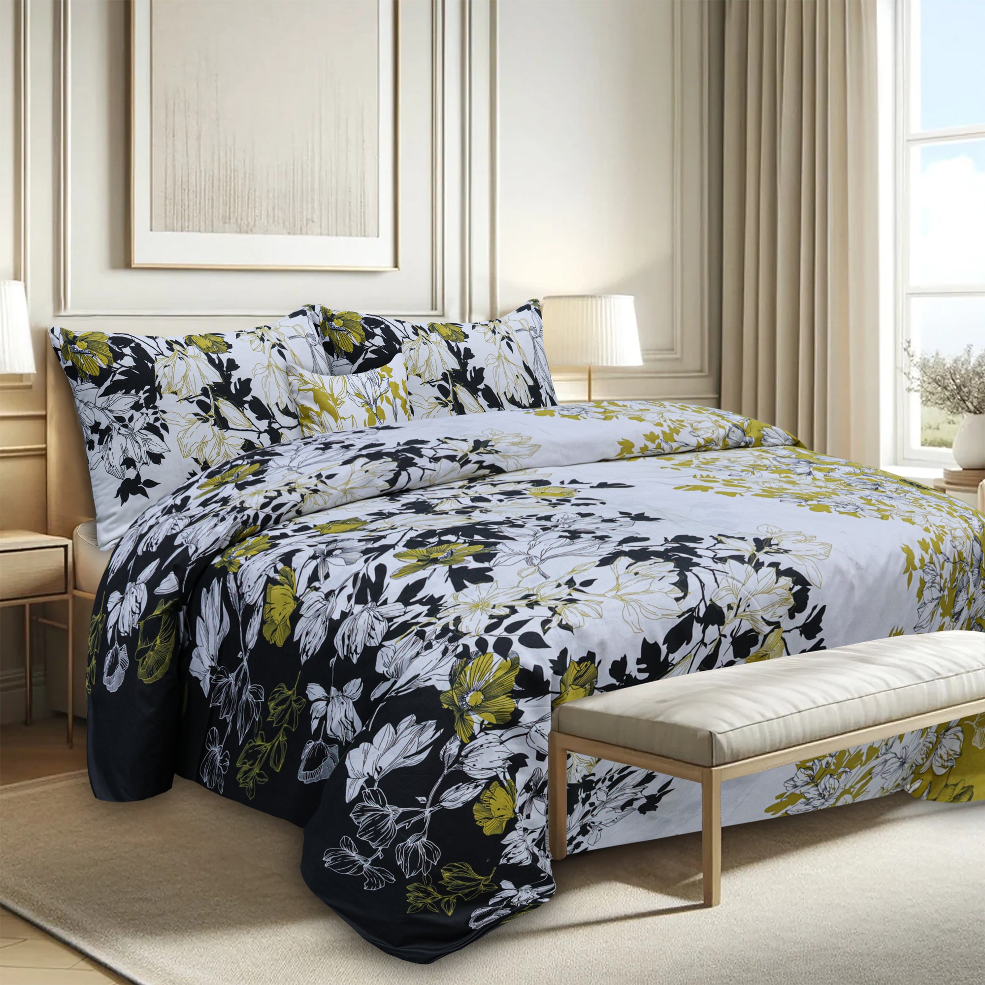 Fenna Yellow Cotton Printed Duvet Cover Set