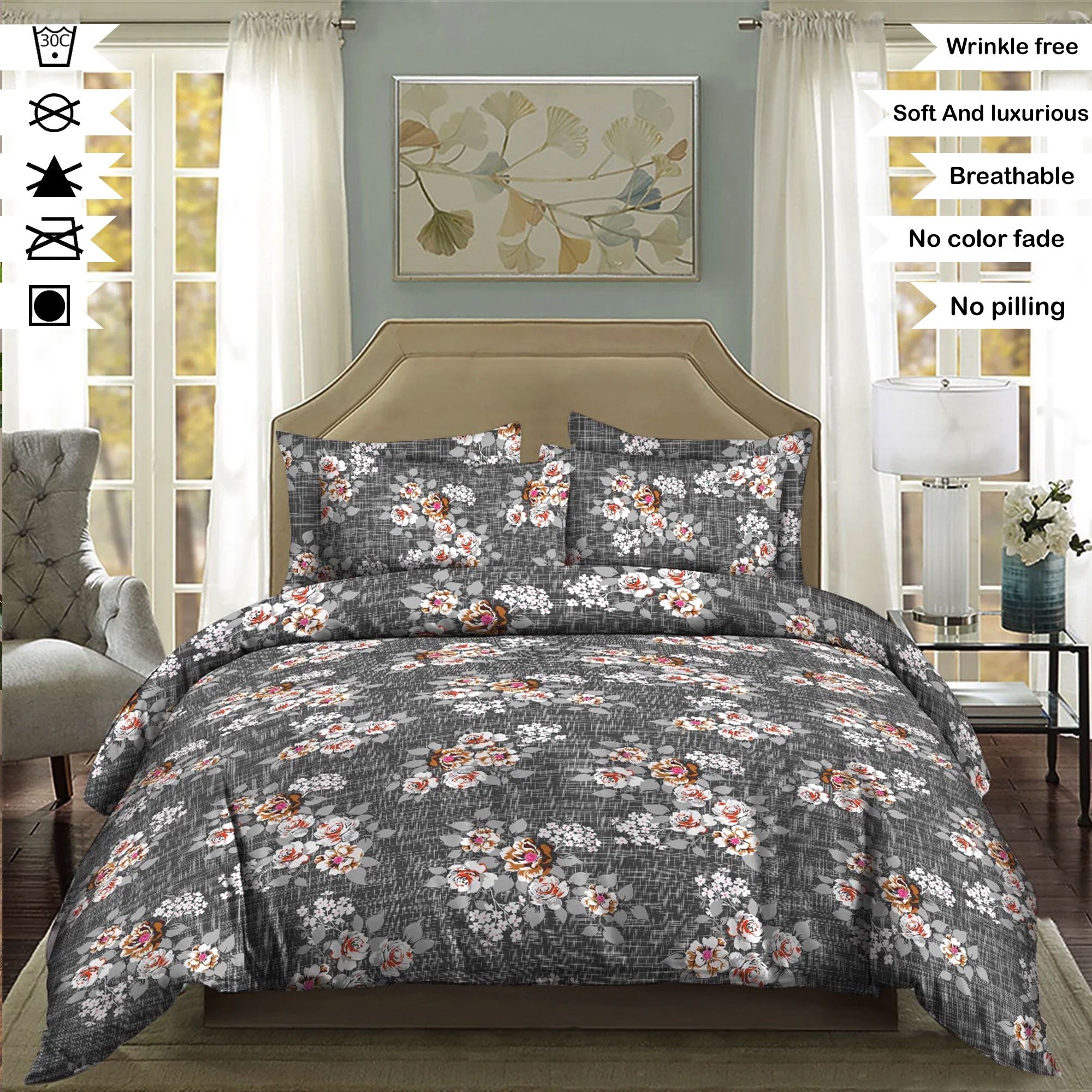 Black Rose Cotton Printed Flat Sheet Set