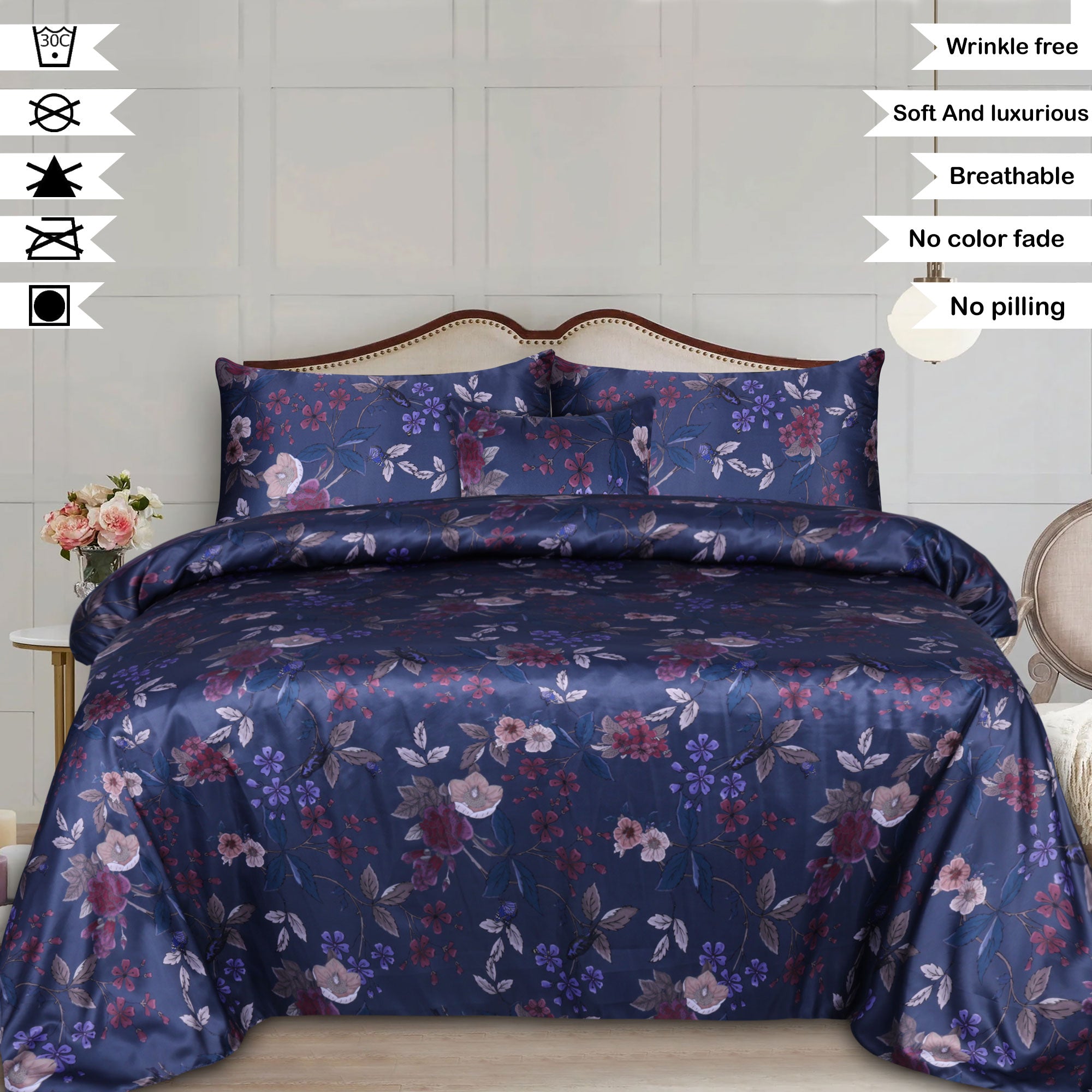 Blue Floral Sateen Silk Digital Printed Flat Sheet Set