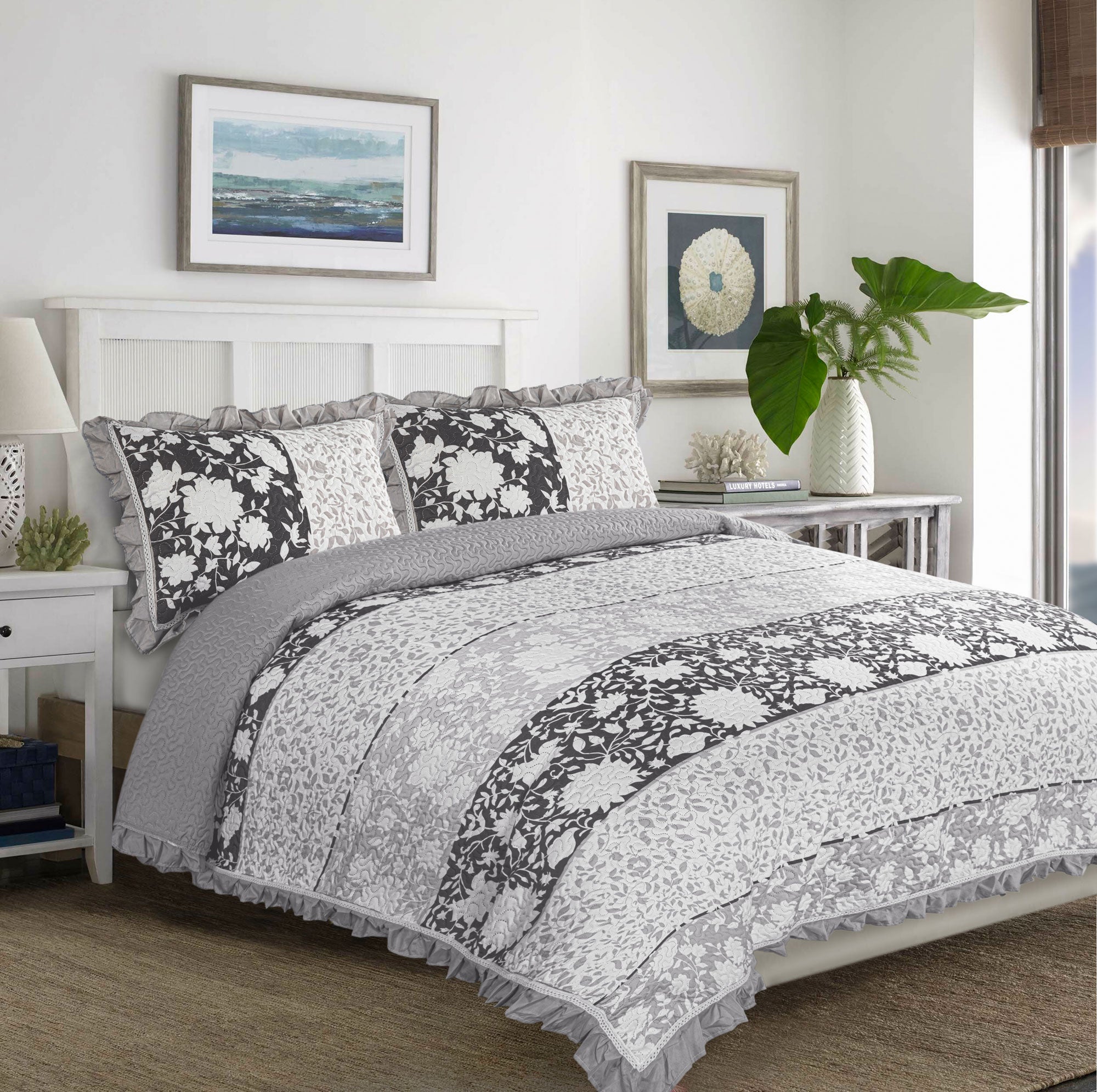 Grey Flower Stripe Print Quilted King Set Include 1 Bedspread and 2 Pillowcases