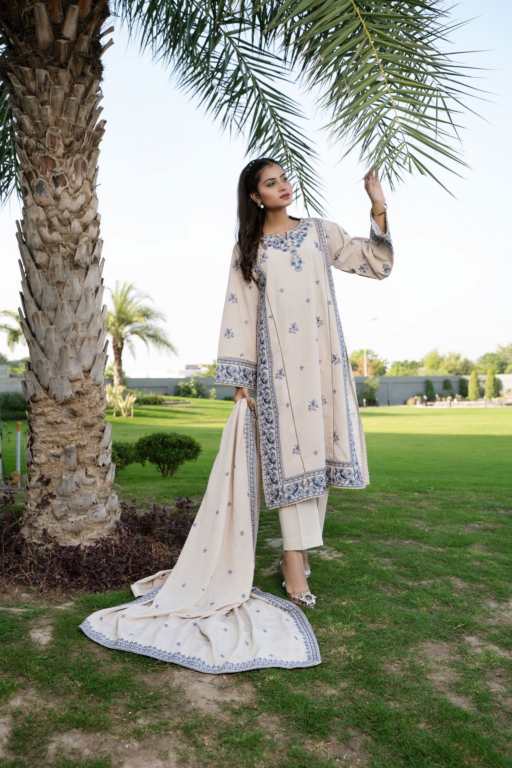 Beige Karandi Embroidered Three Piece Set Stitched