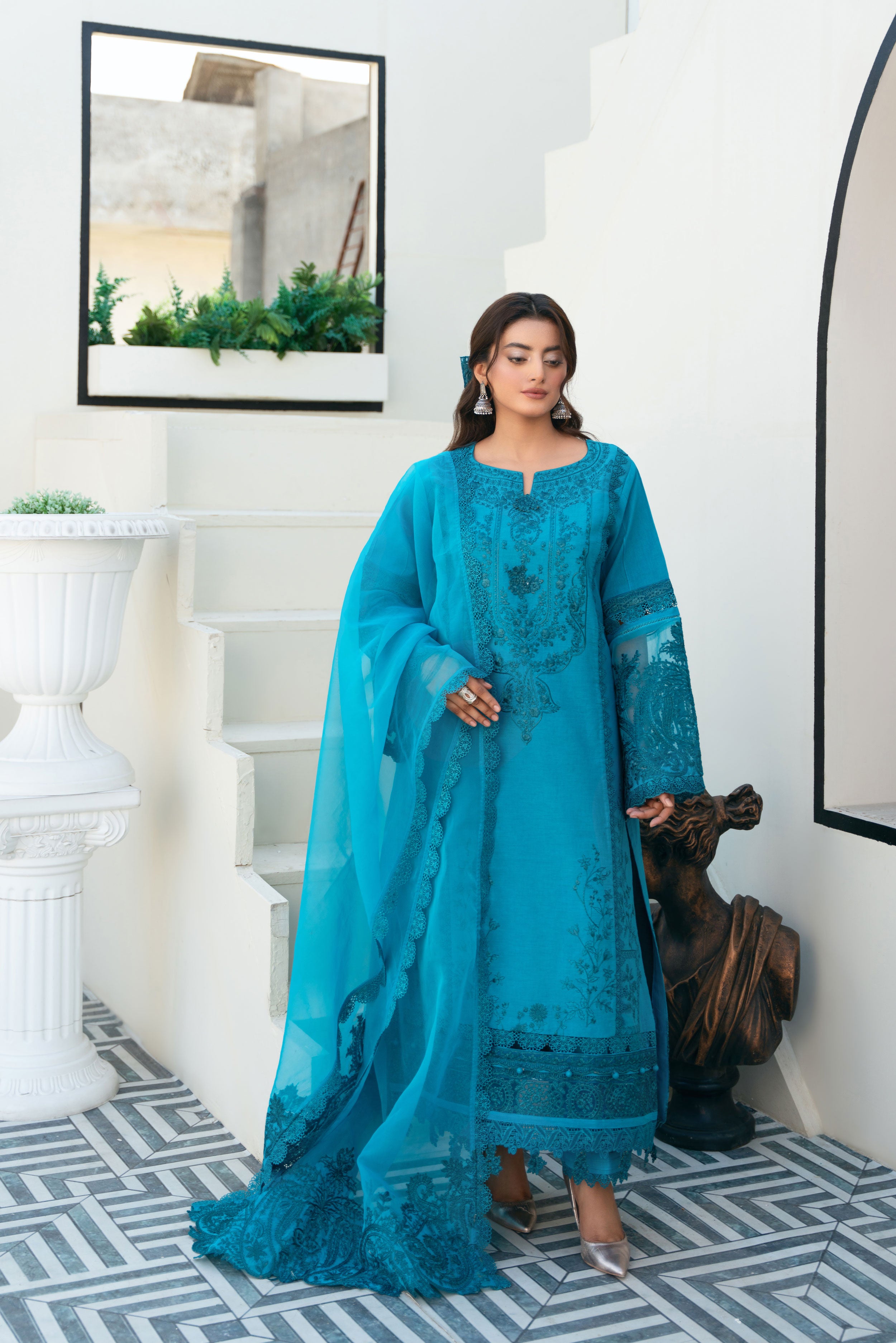 Blue 3 Piece Embroidered Lawn  Suit