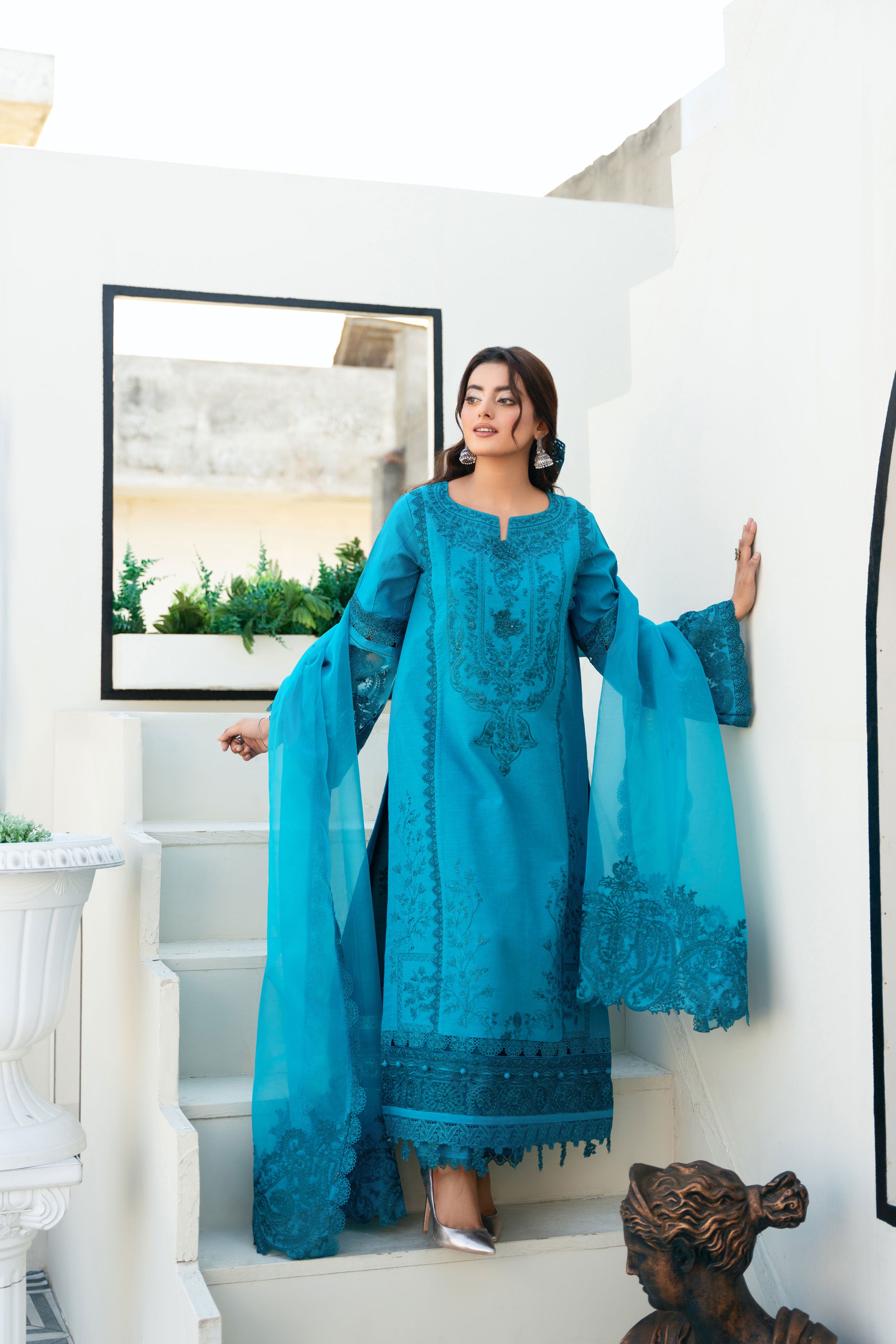 Blue 3 Piece Embroidered Lawn  Suit