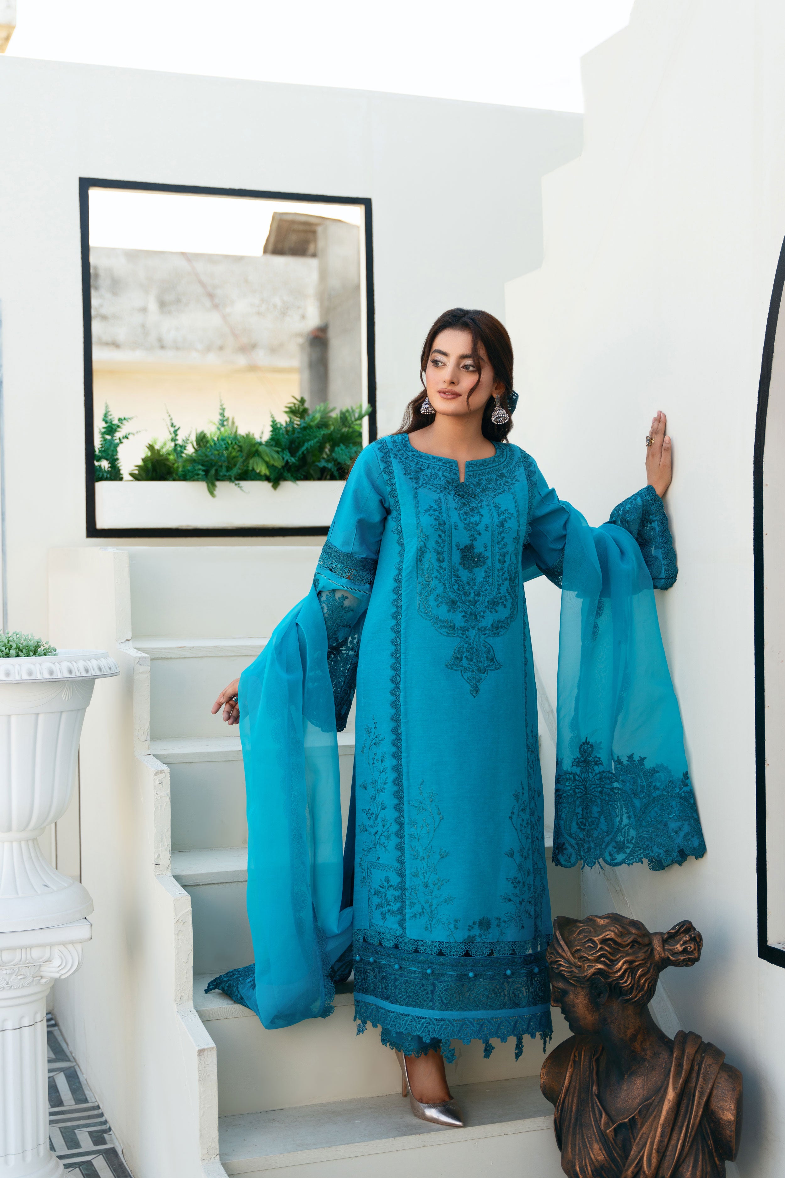 Blue 3 Piece Embroidered Lawn  Suit