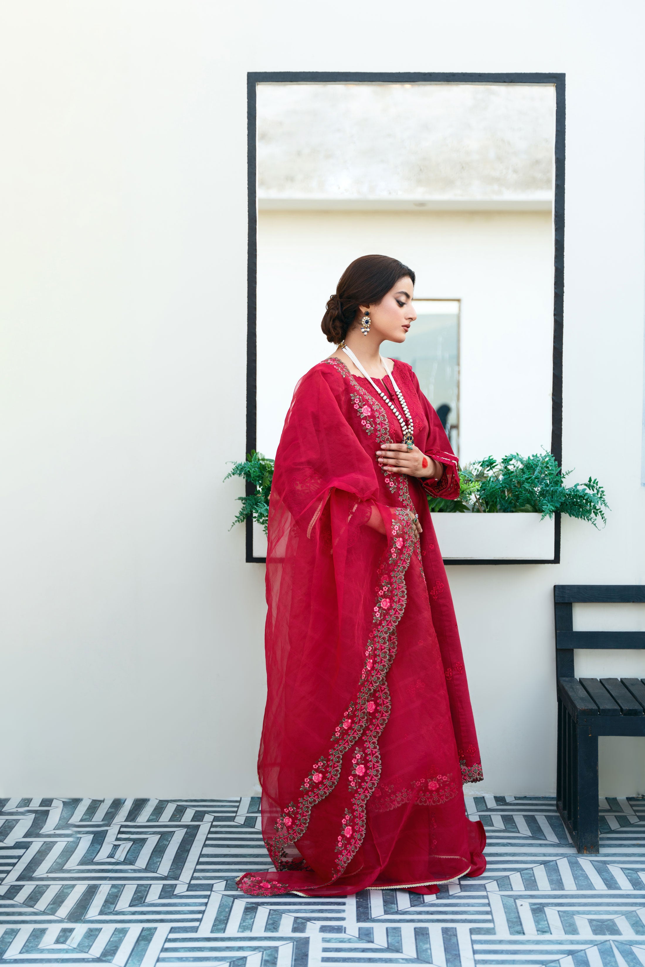 Red 3 Piece Embroidered Lawn  Suit