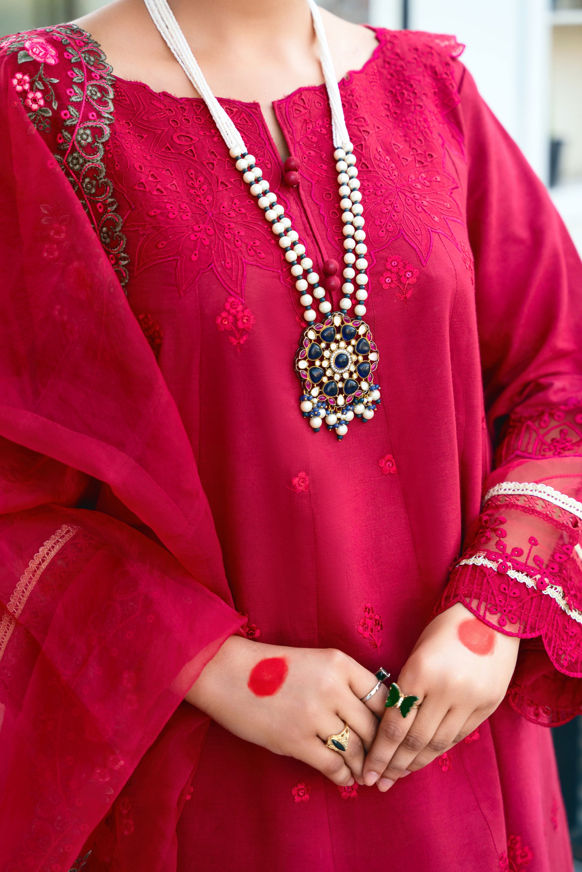 Red 3 Piece Embroidered Lawn  Suit