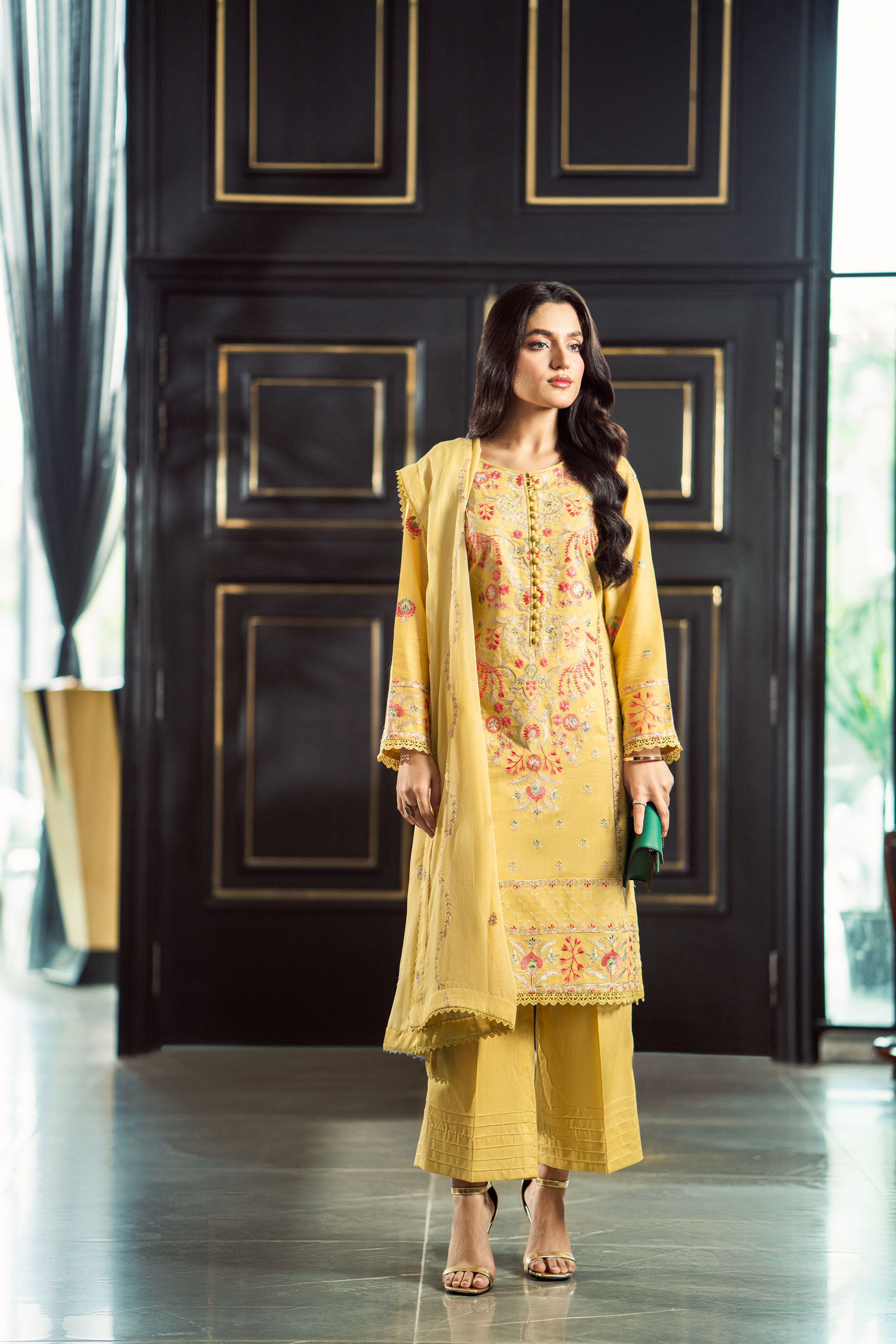 Yellow Embroidered Three Piece Set Stitched (Roohi Vol 2)