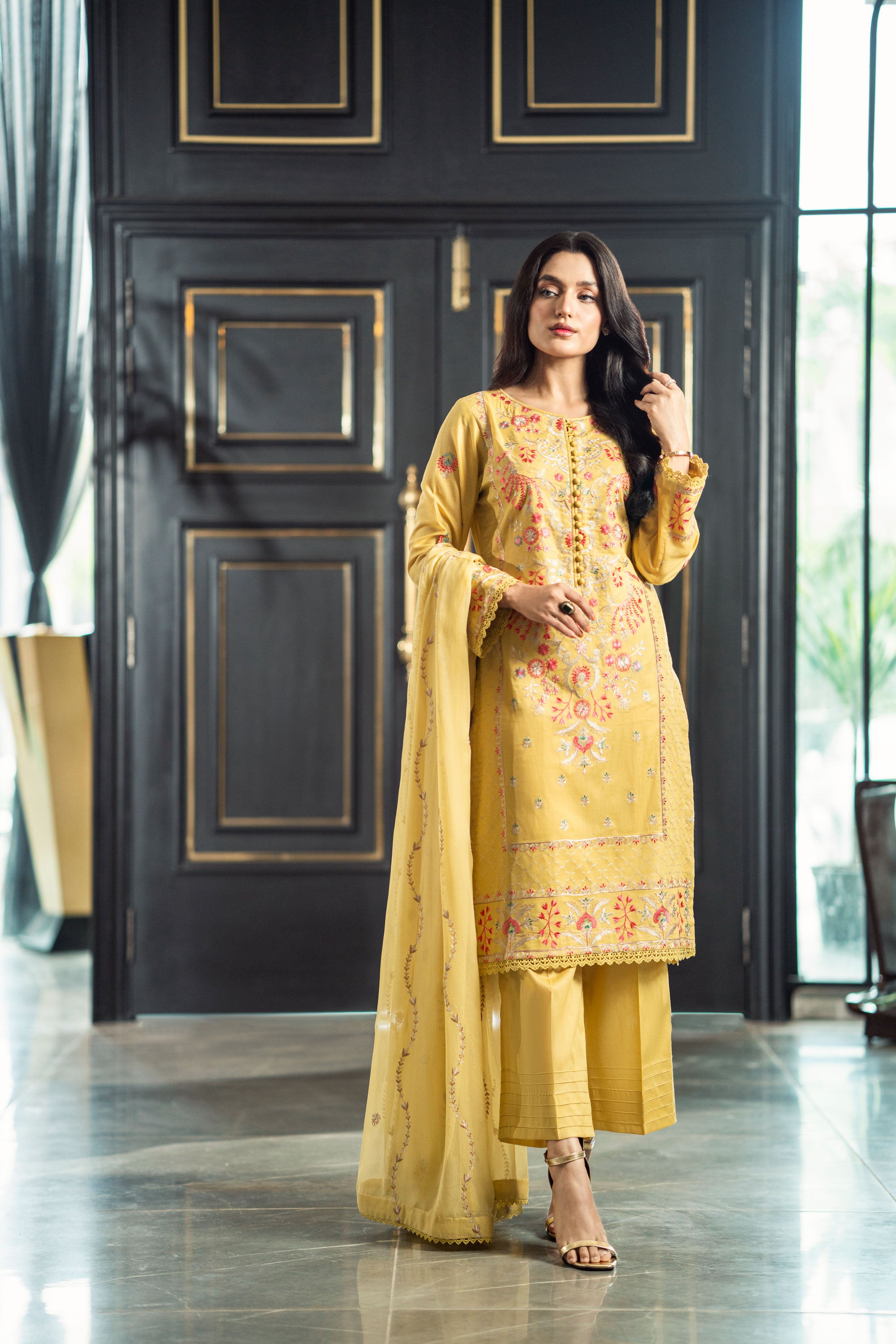 Yellow Embroidered Three Piece Set Stitched (Roohi Vol 2)