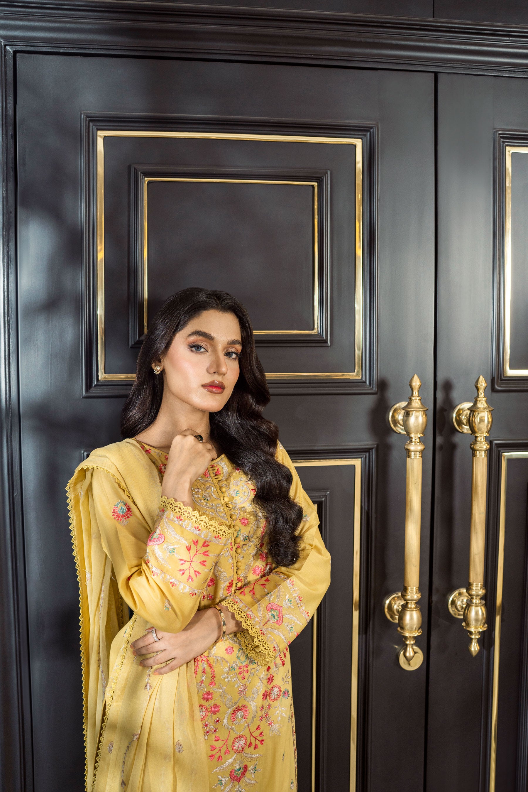 Yellow Embroidered Three Piece Set Stitched (Roohi Vol 2)