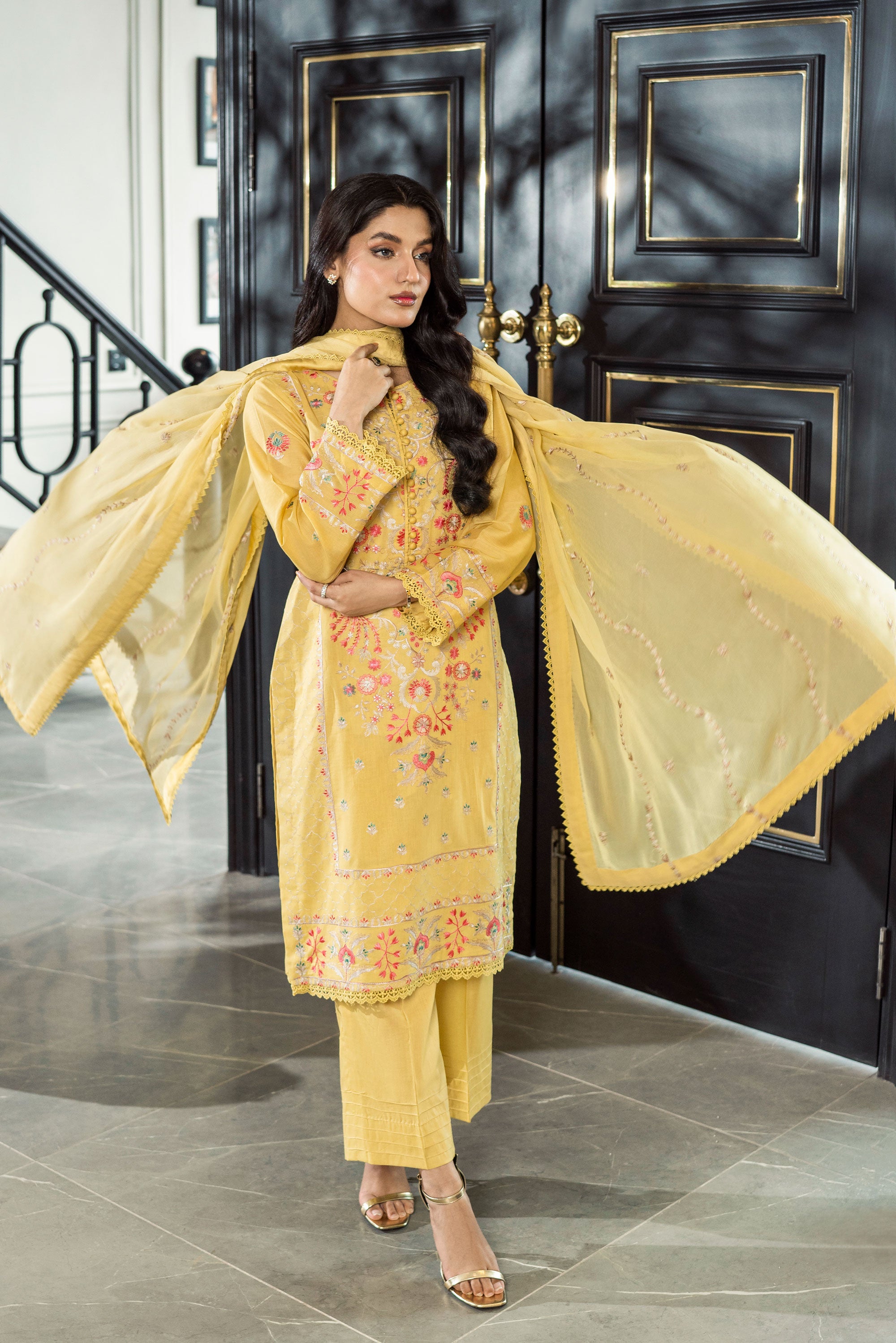 Yellow Embroidered Three Piece Set Stitched (Roohi Vol 2)