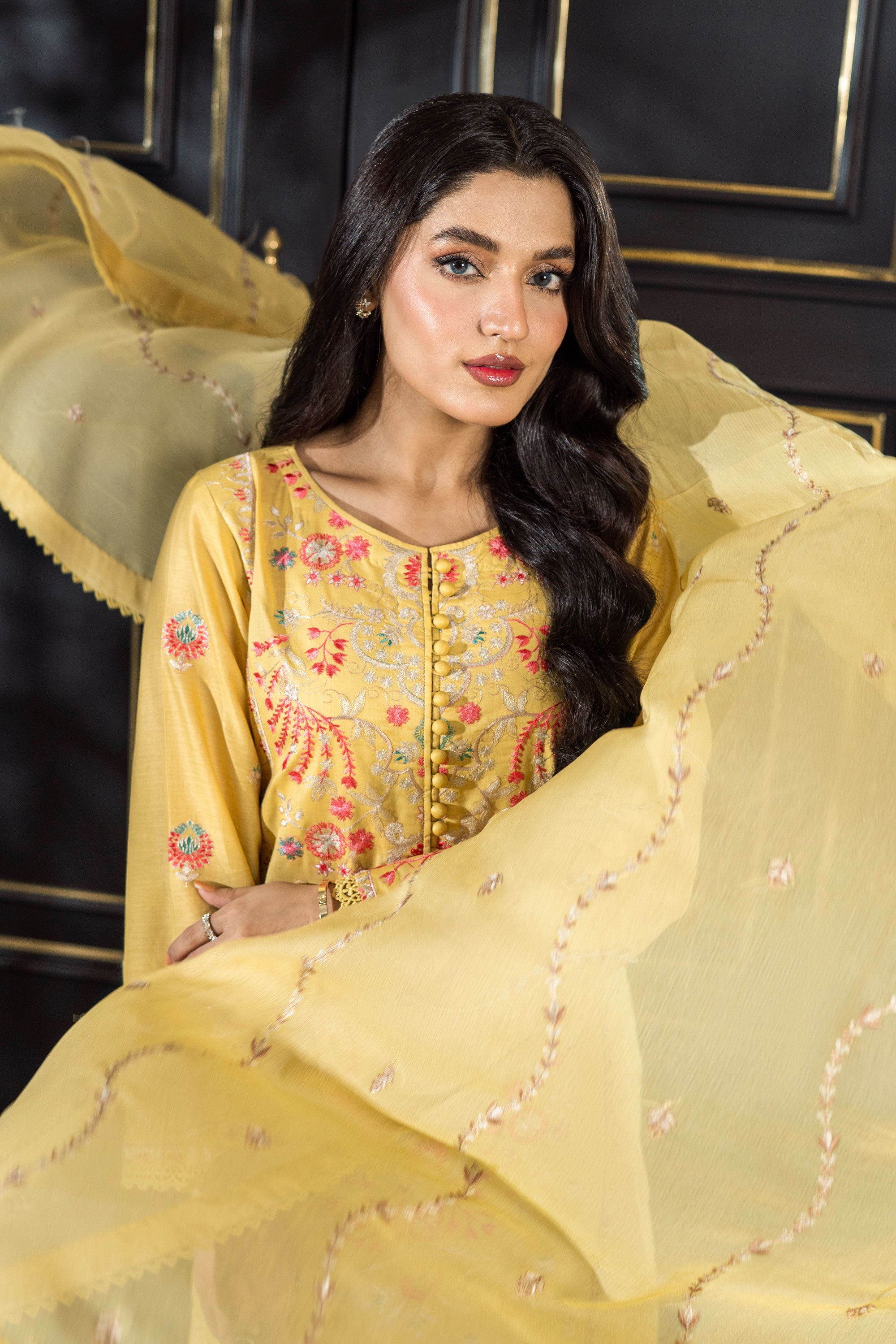 Yellow Embroidered Three Piece Set Stitched (Roohi Vol 2)