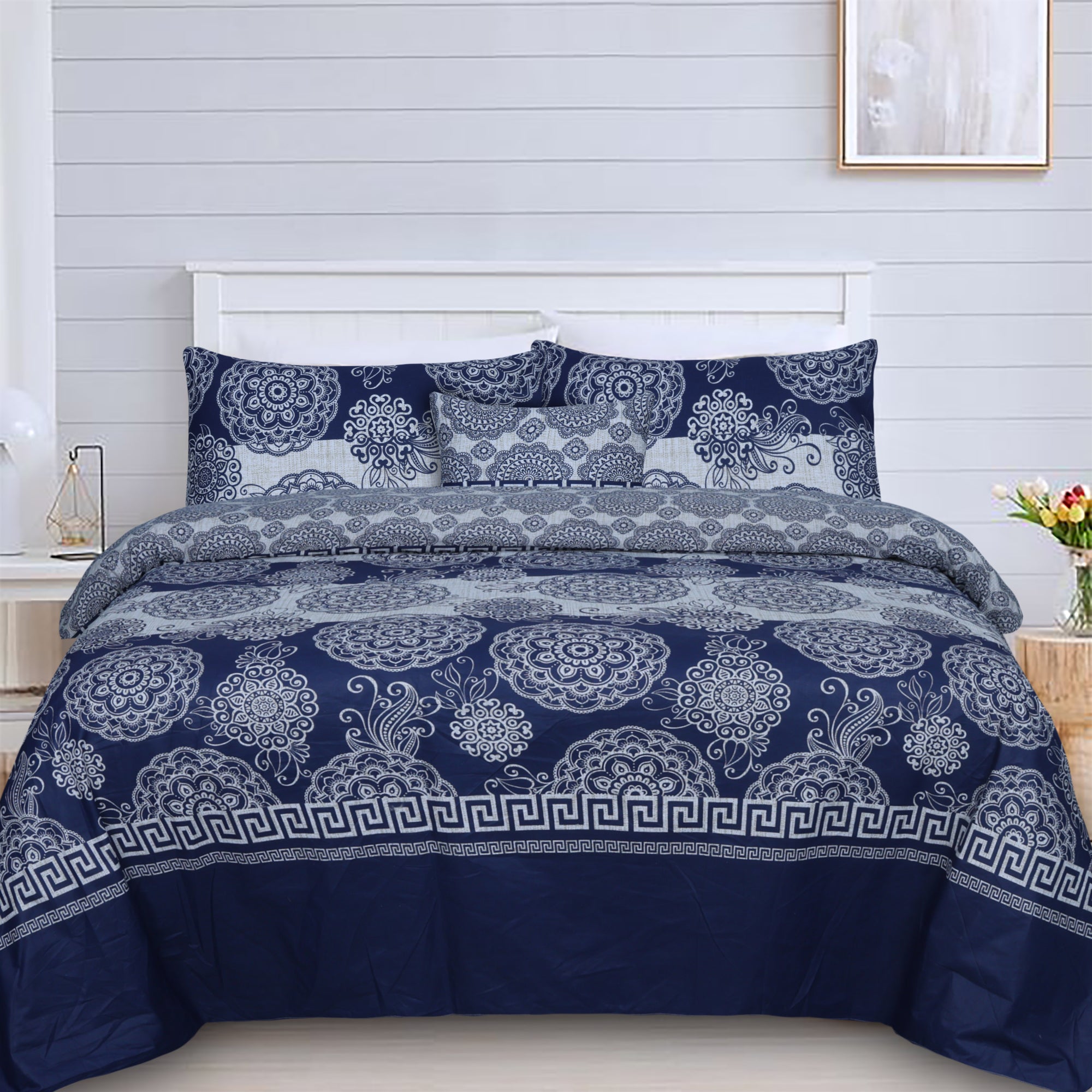 Damask Blue Cotton Printed Flat Sheet Set