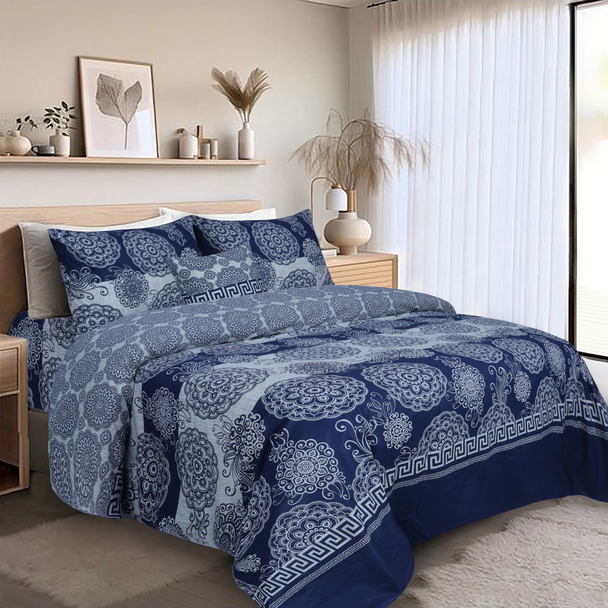 Damask Blue Cotton Printed Flat Sheet Set