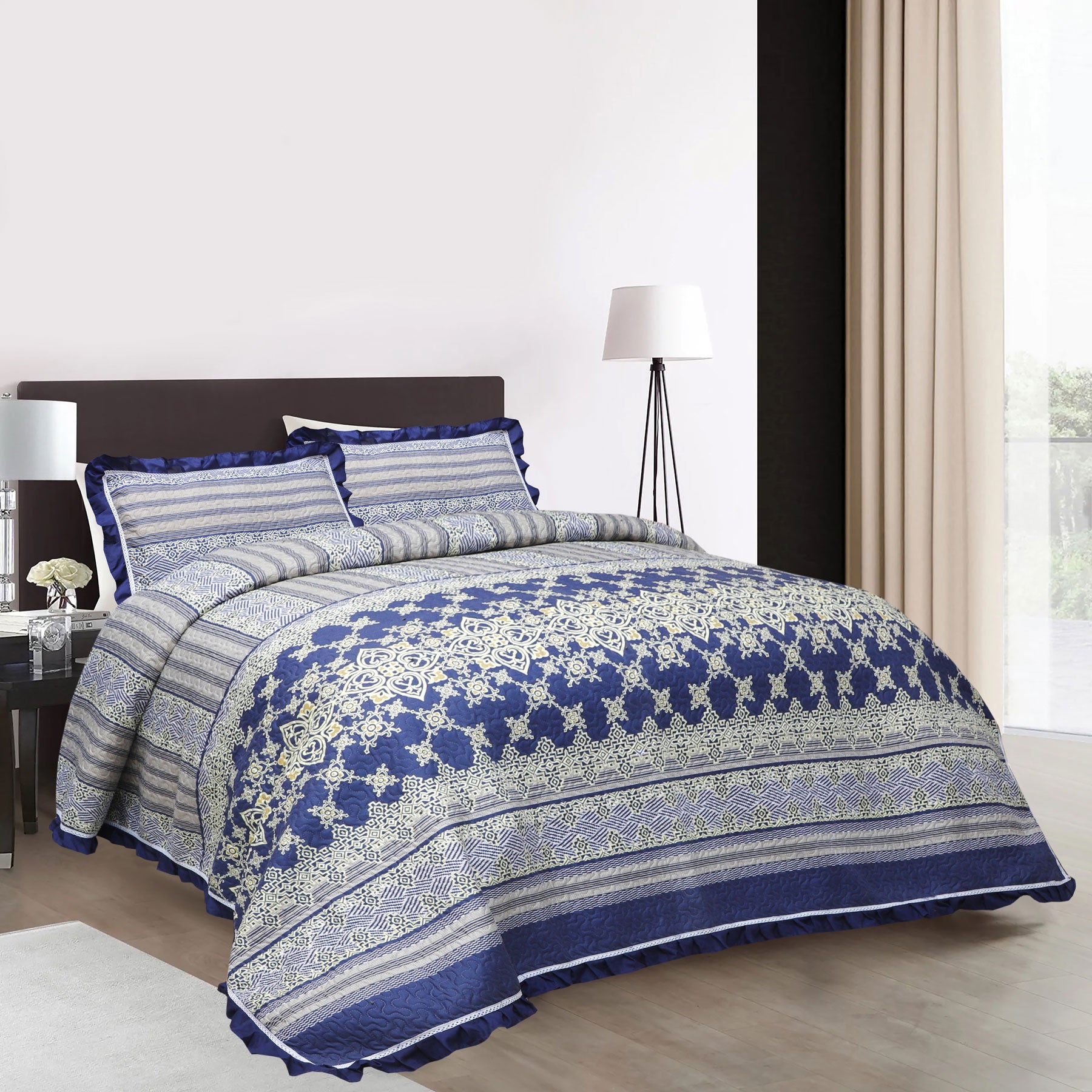 Blue Trail Print Quilted King Set Include 1 Bedspread and 2 Pillowcases