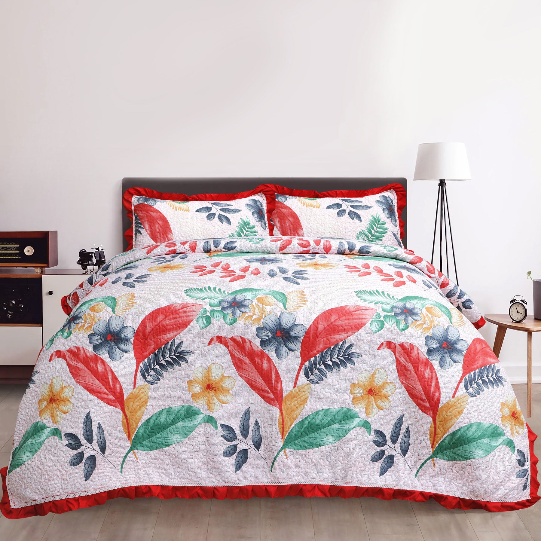 Feather Print Quilted King Set Include 1 Bedspread and 2 Pillowcases