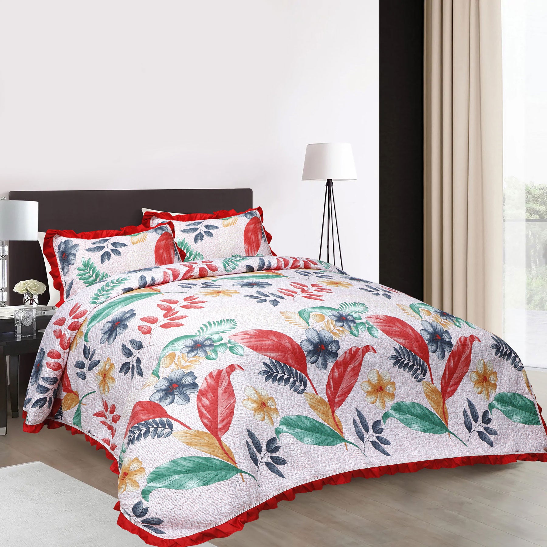 Feather Print Quilted King Set Include 1 Bedspread and 2 Pillowcases