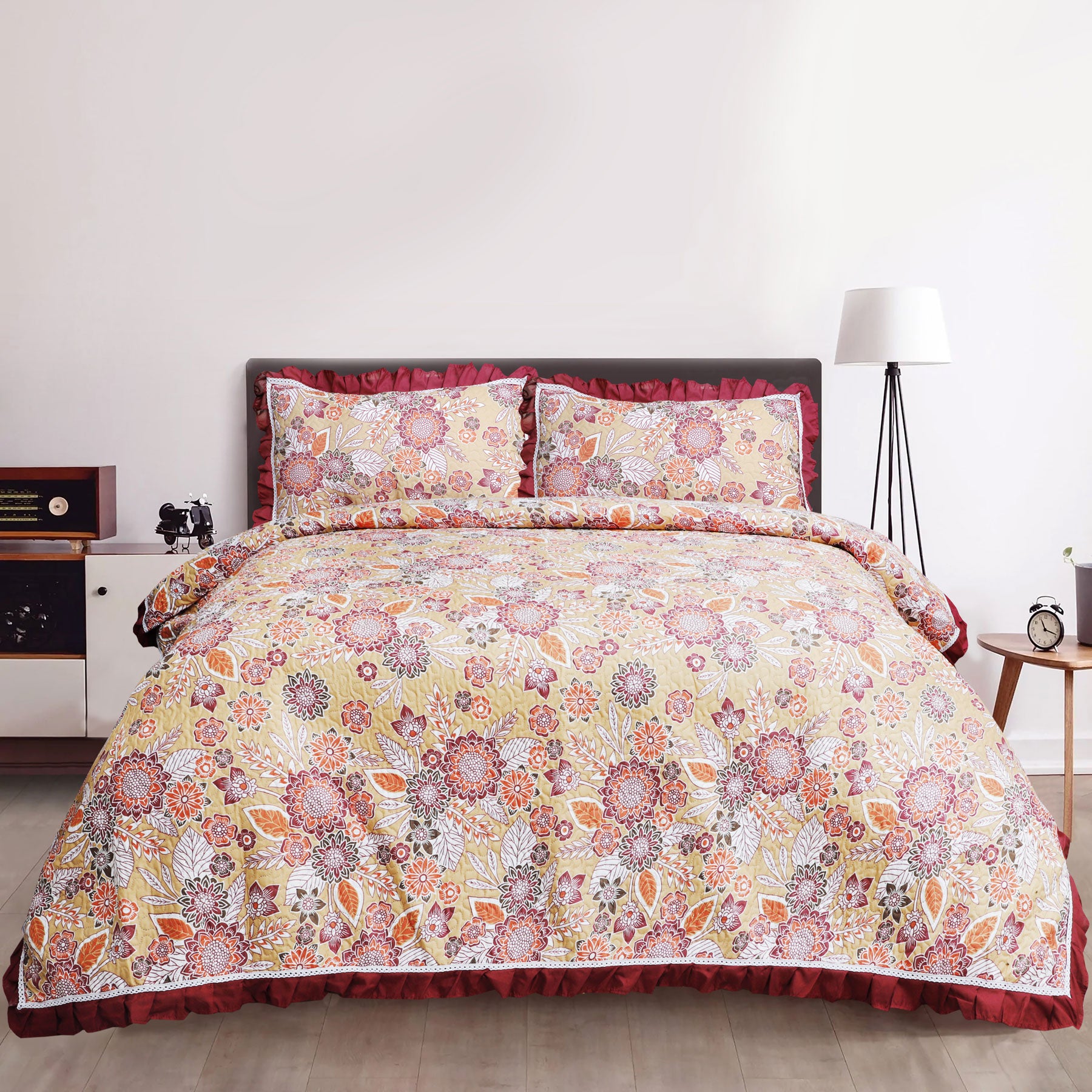 Multi Red Print Quilted King Set Include 1 Bedspread and 2 Pillowcases