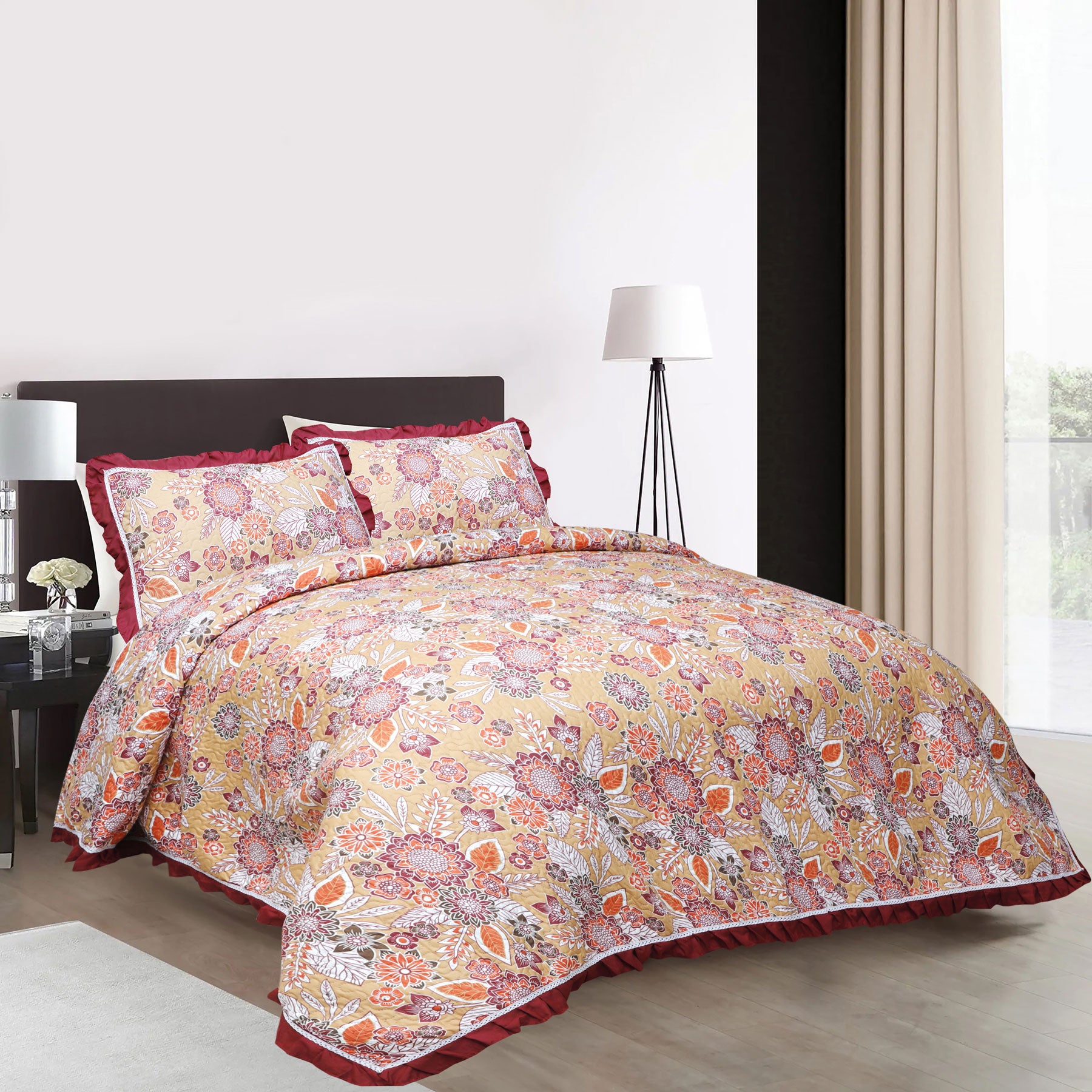 Multi Red Print Quilted King Set Include 1 Bedspread and 2 Pillowcases