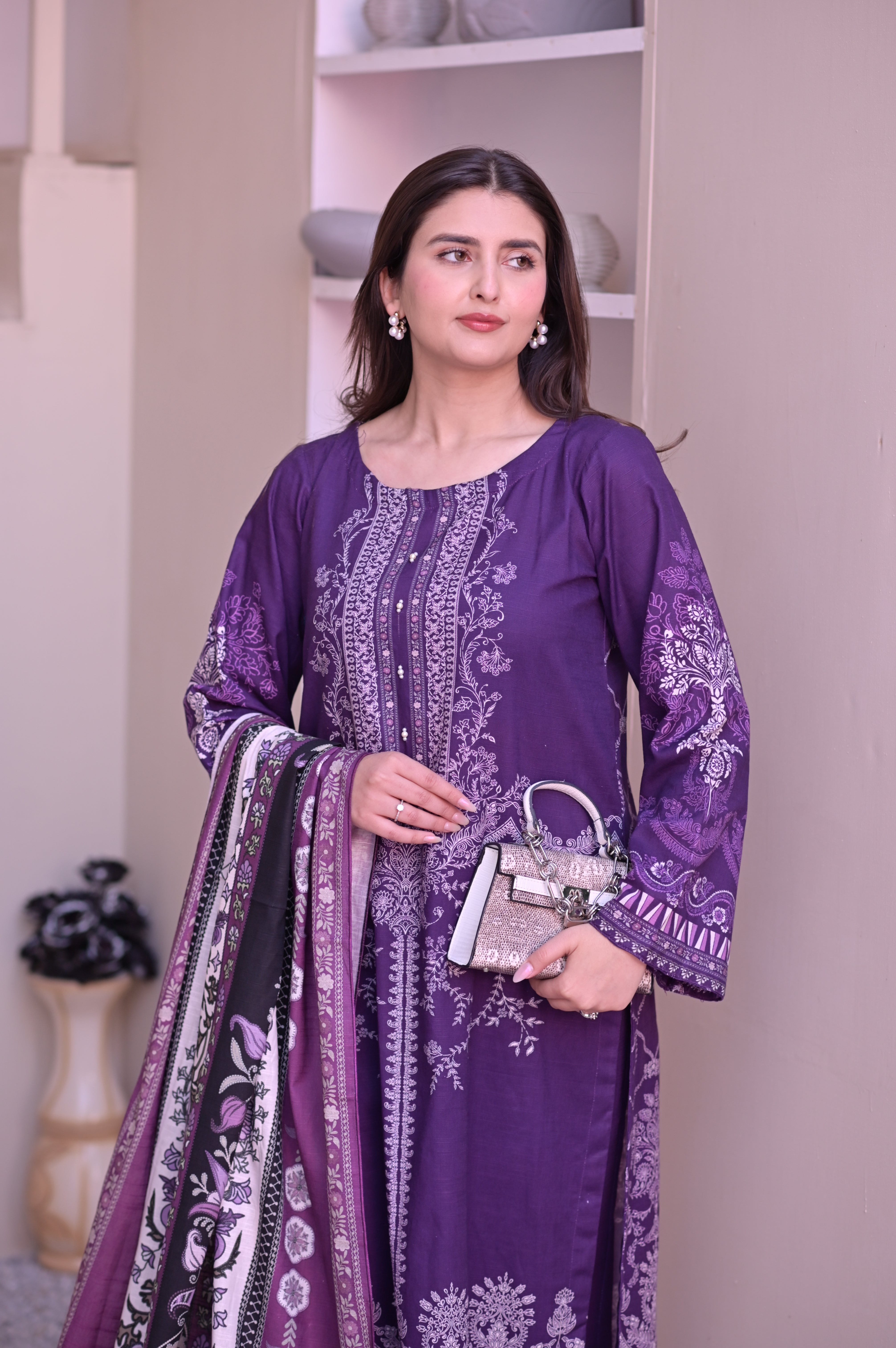 Regal Plum 3 Pcs Digital Printed Suit