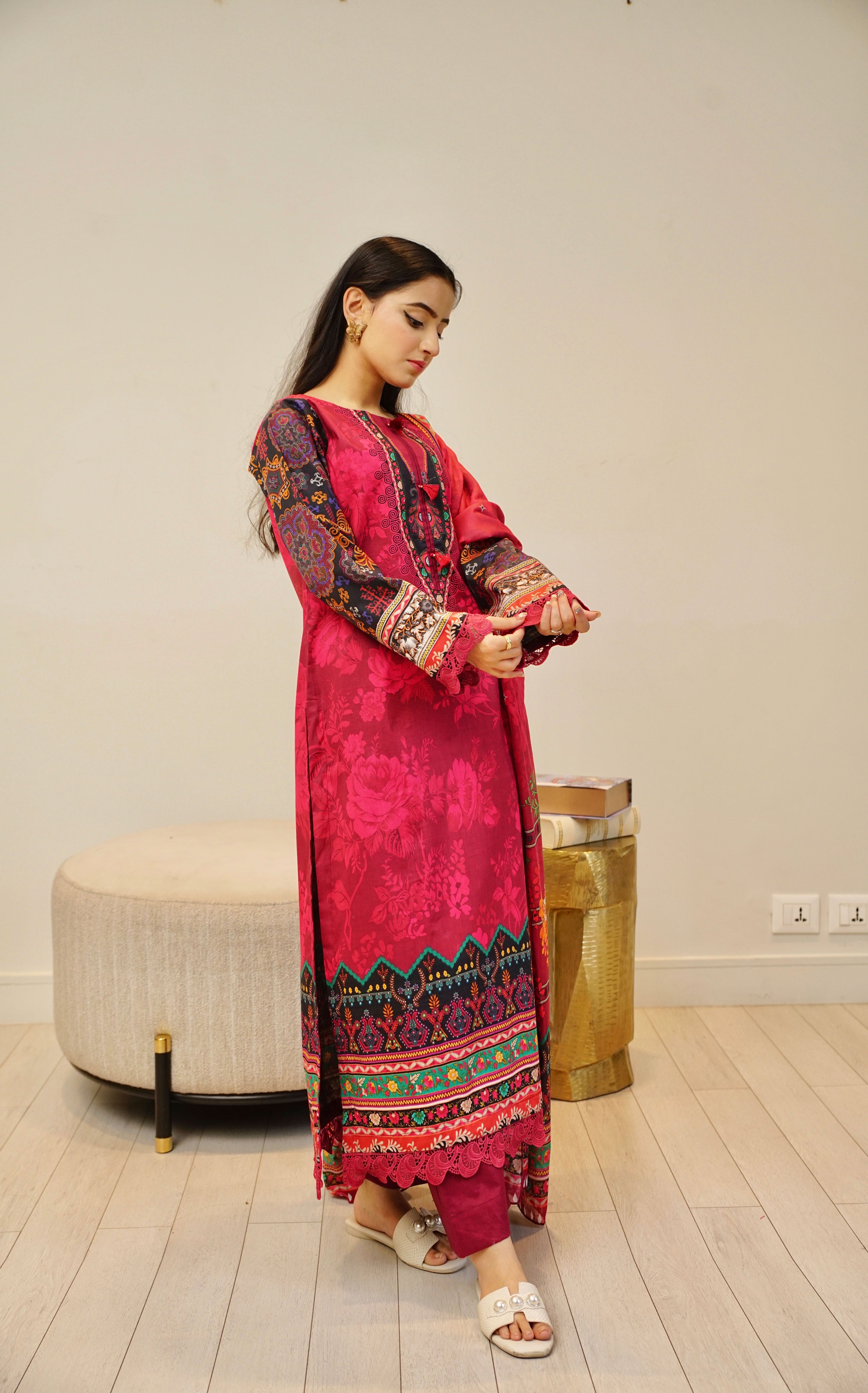 Siyah 3 Pcs Printed suit