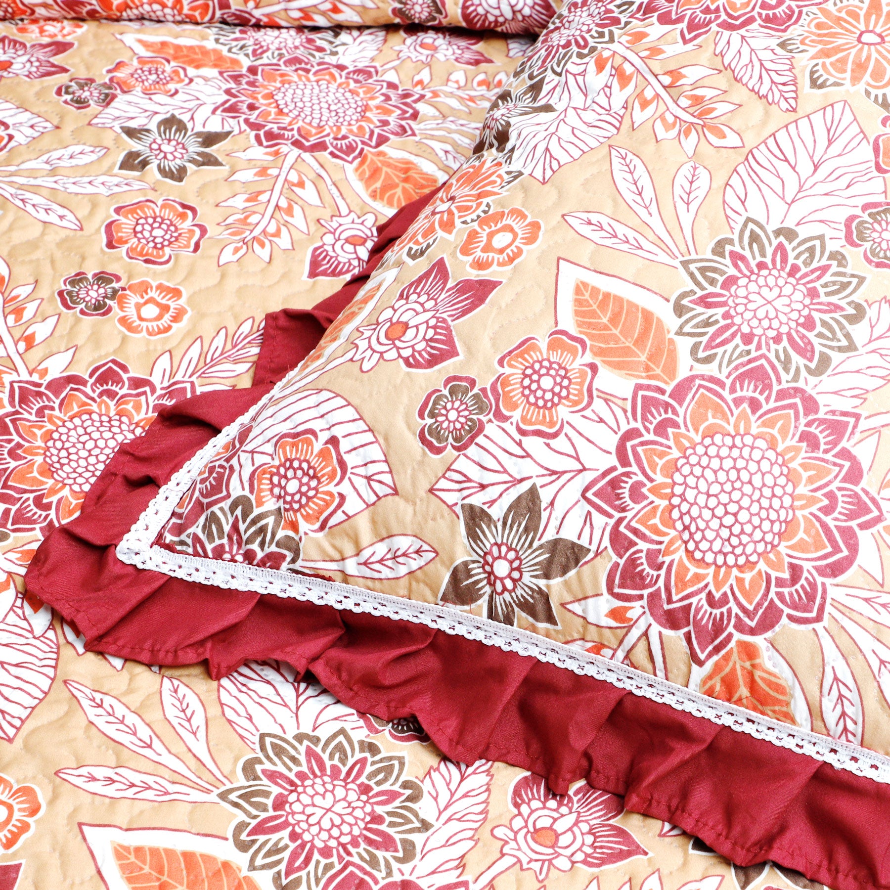 Multi Red Print Quilted King Set Include 1 Bedspread and 2 Pillowcases