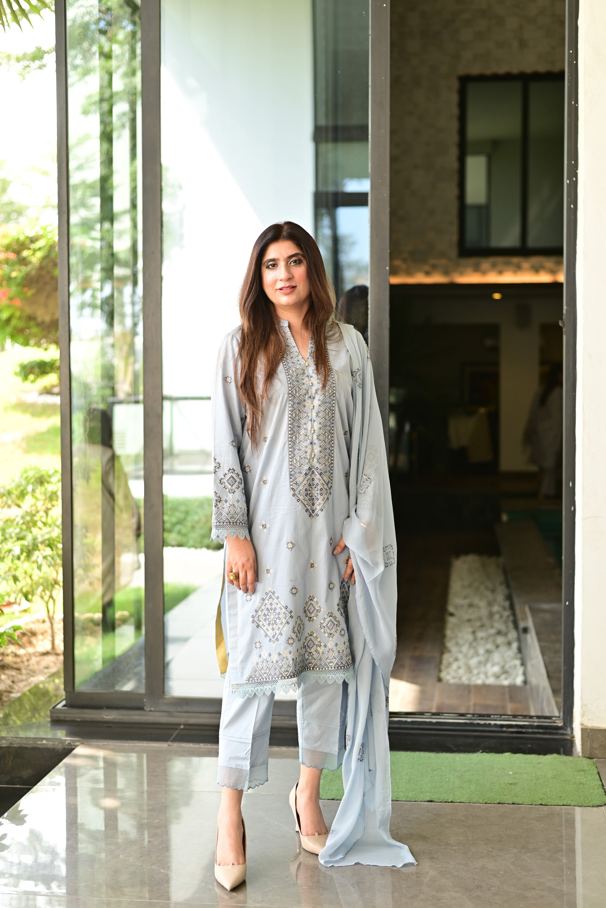 Ocean Embroidered Three Piece Set (Roohi)