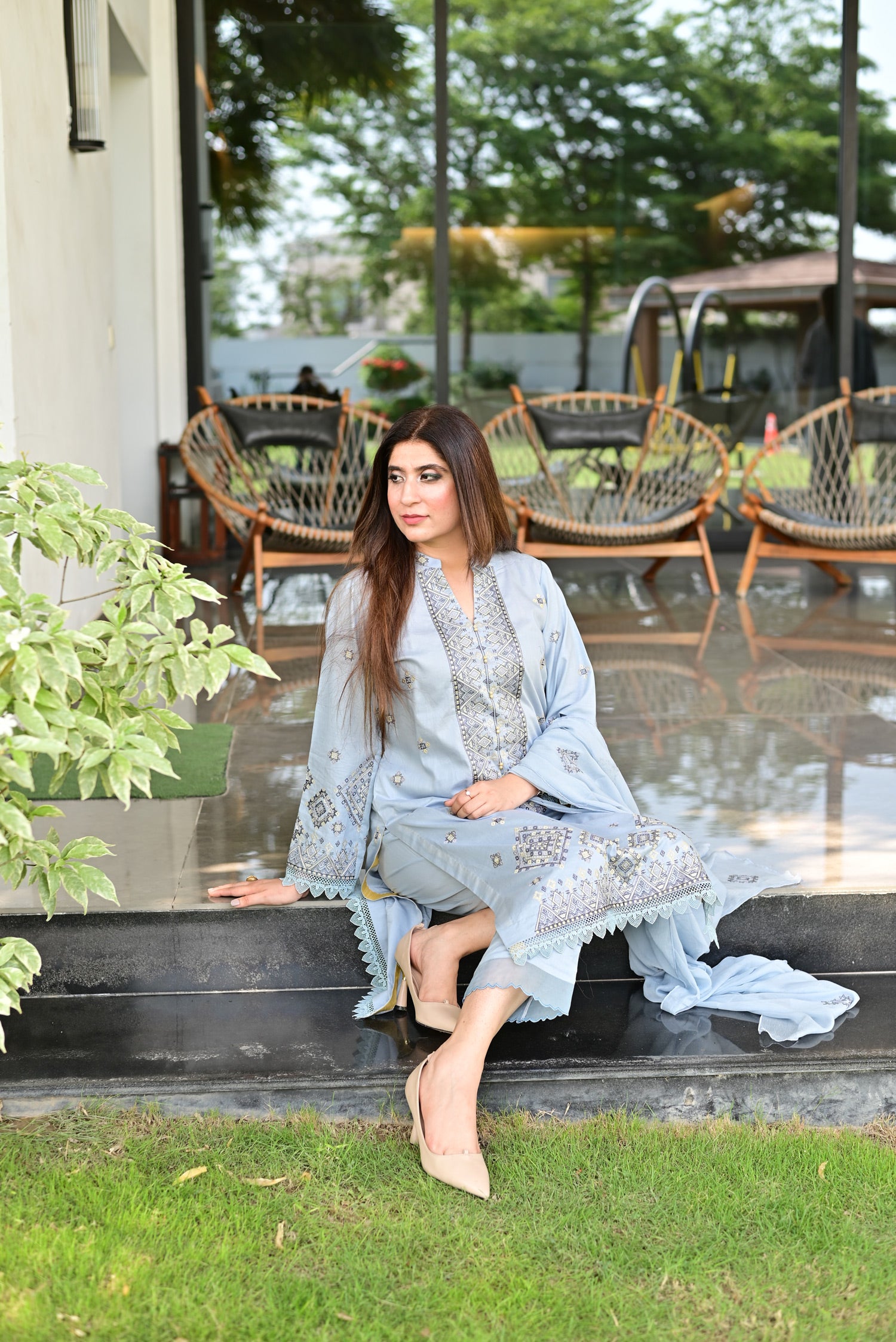 Ocean Embroidered Three Piece Set (Roohi)