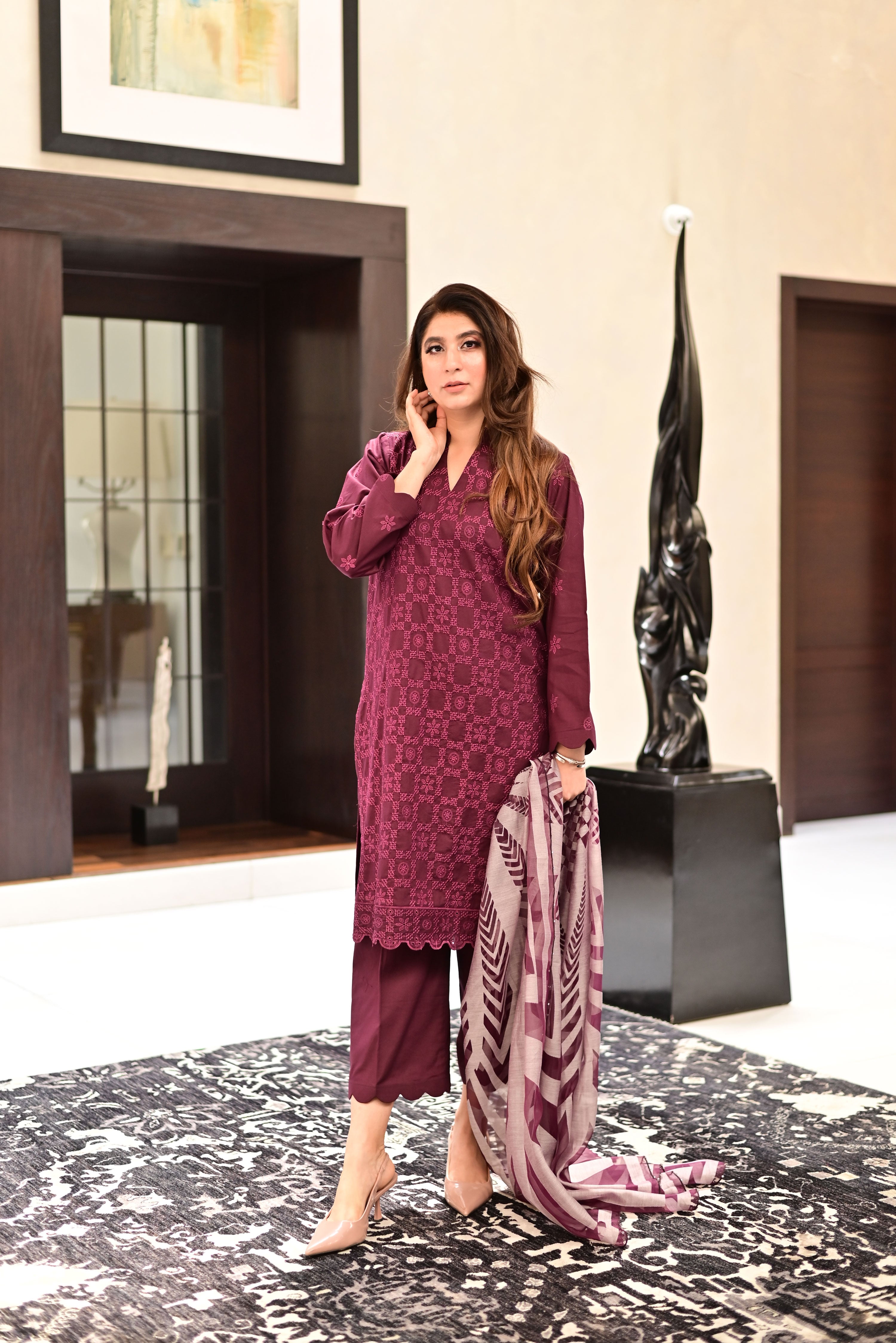 Plum Embroidered Three Piece Set (Naaz)