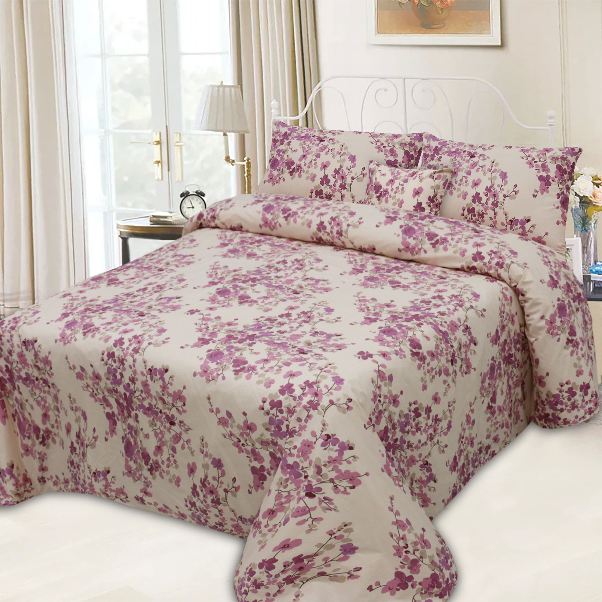 Pink Rose Cotton Printed Flat Sheet Set