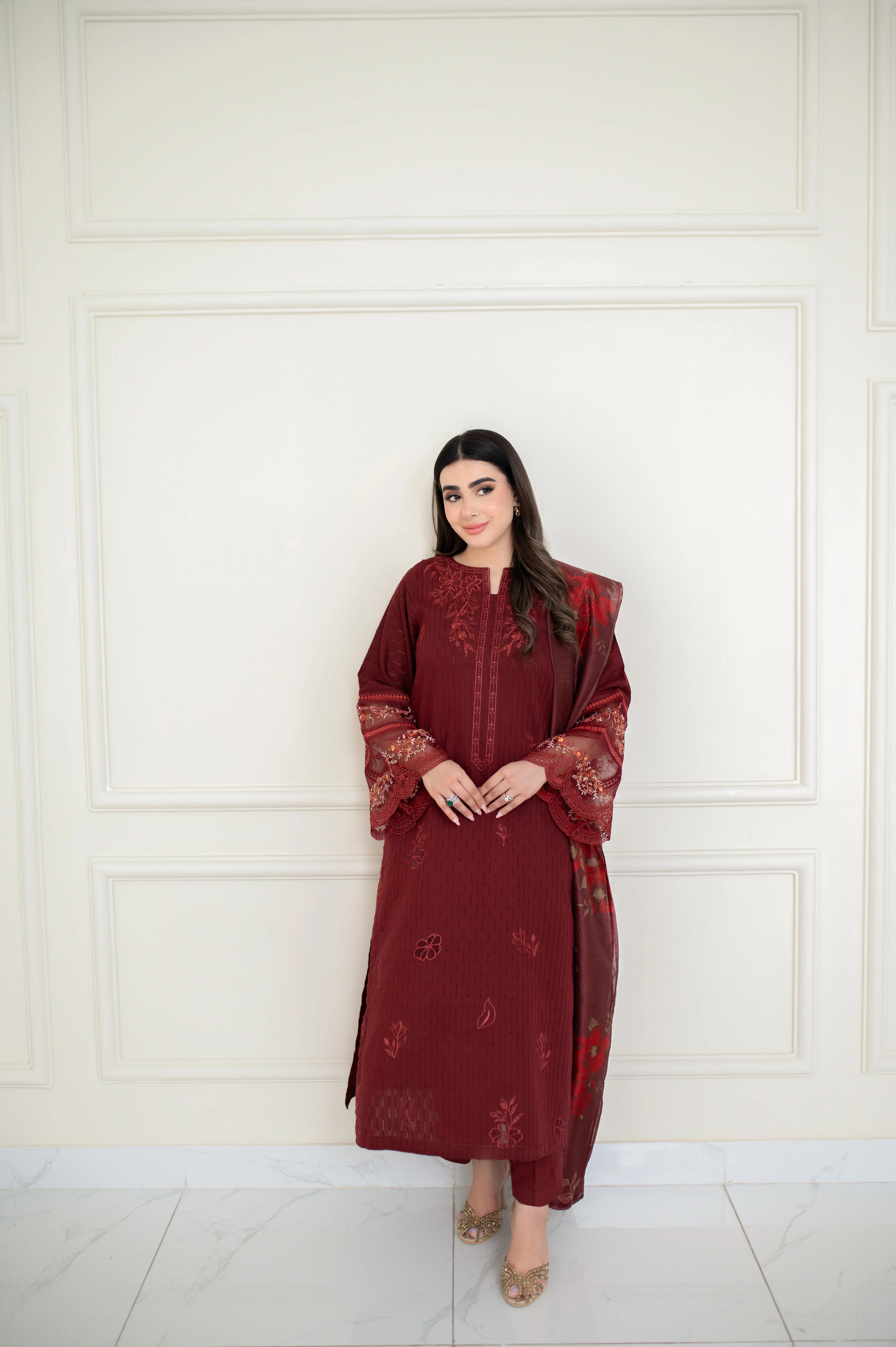 Maroon Plain Dyed Embroidered 3 Pieces Suit Silk Dupatta