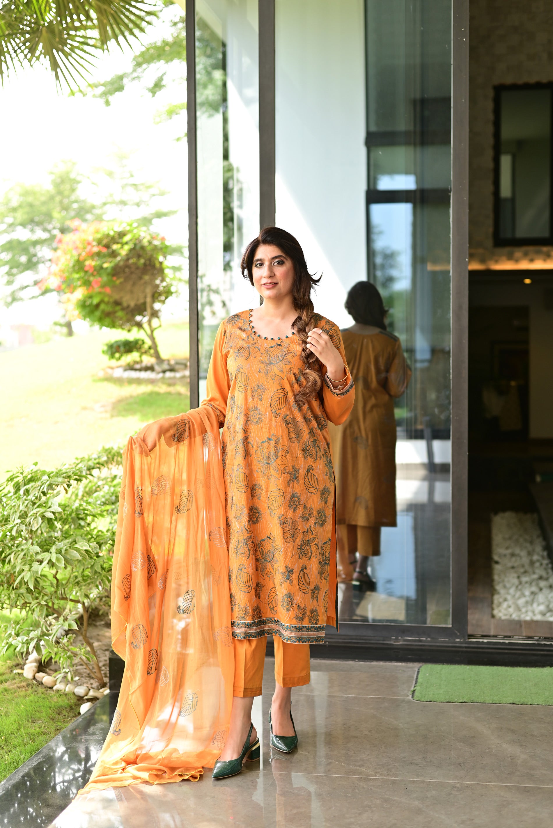 Sunset Embroidered Three Piece Set (Roohi)