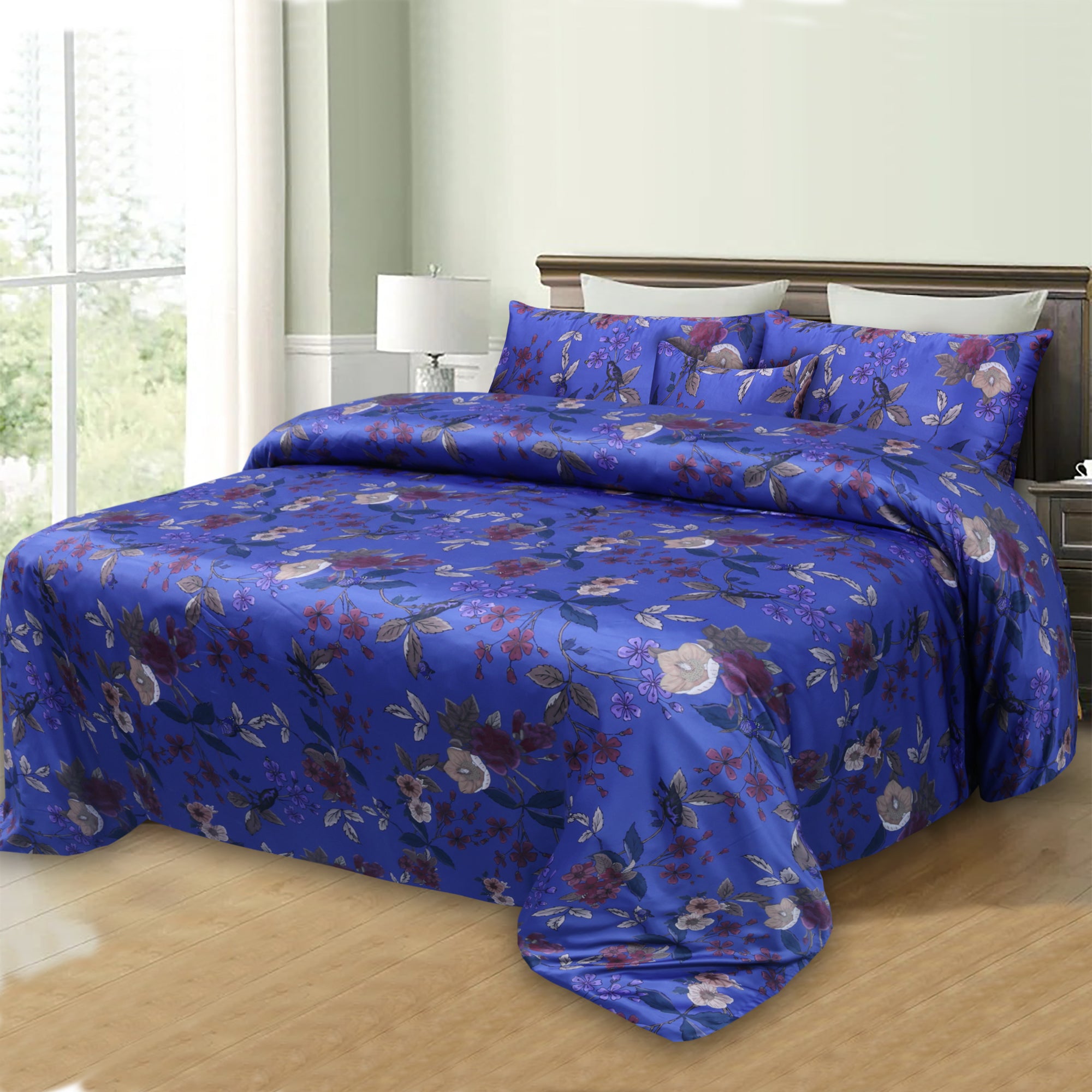 Floral Dreams Sateen Silk Digital Printed 5Pcs Complete Bedding Set